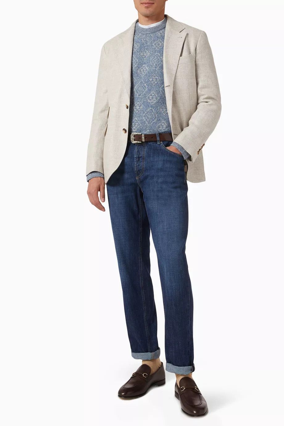 Brunello Cucinelli o1y0526 Crewneck Sweater in Slate Blue/White Size US M / EU 48-50 / 2 - 4 Thumbnail