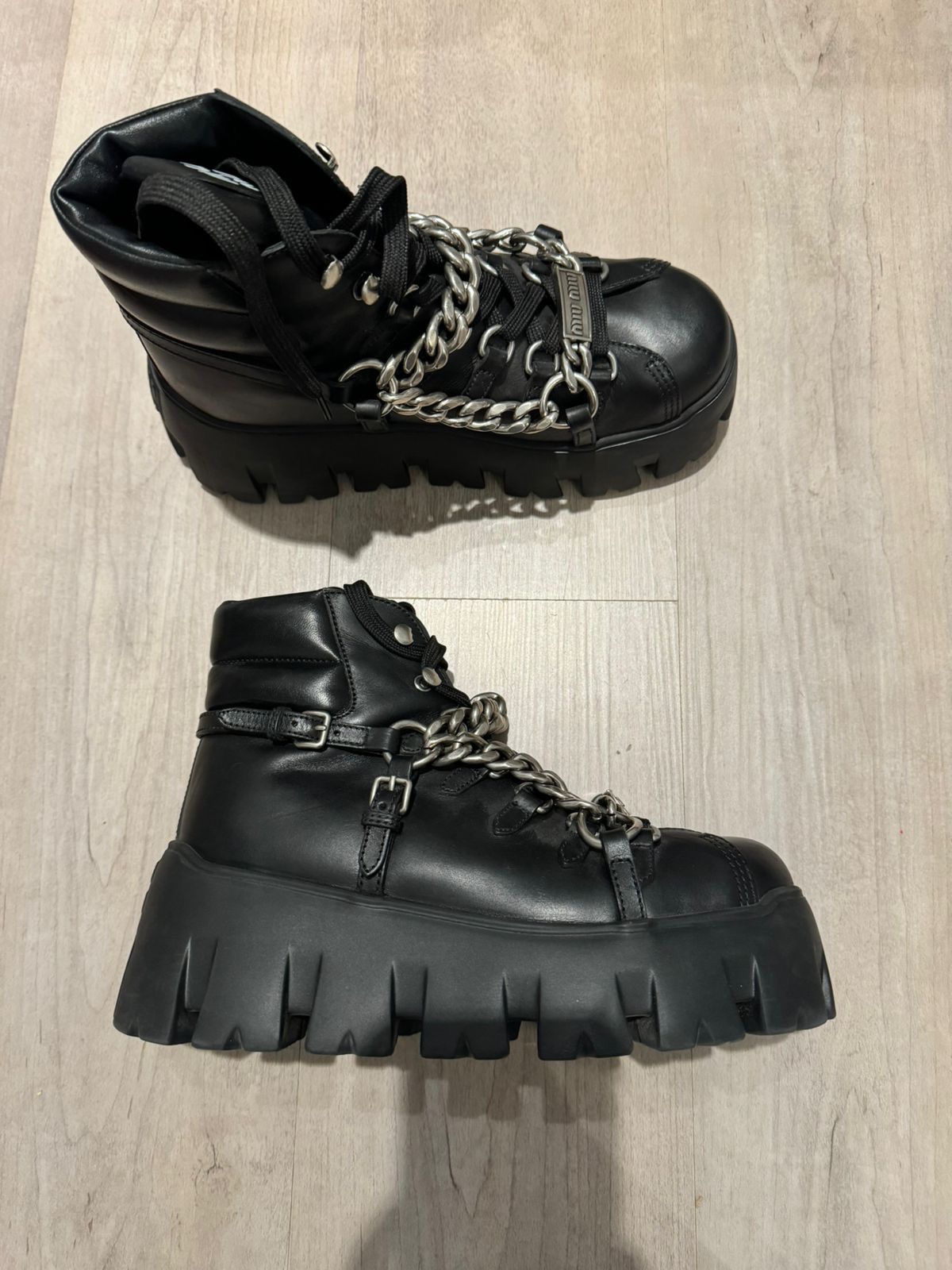 Miu Miu Miu Miu Chain-embellished chunky-sole leather ankle boots Size US 7.5 / IT 37.5 - 4 Thumbnail