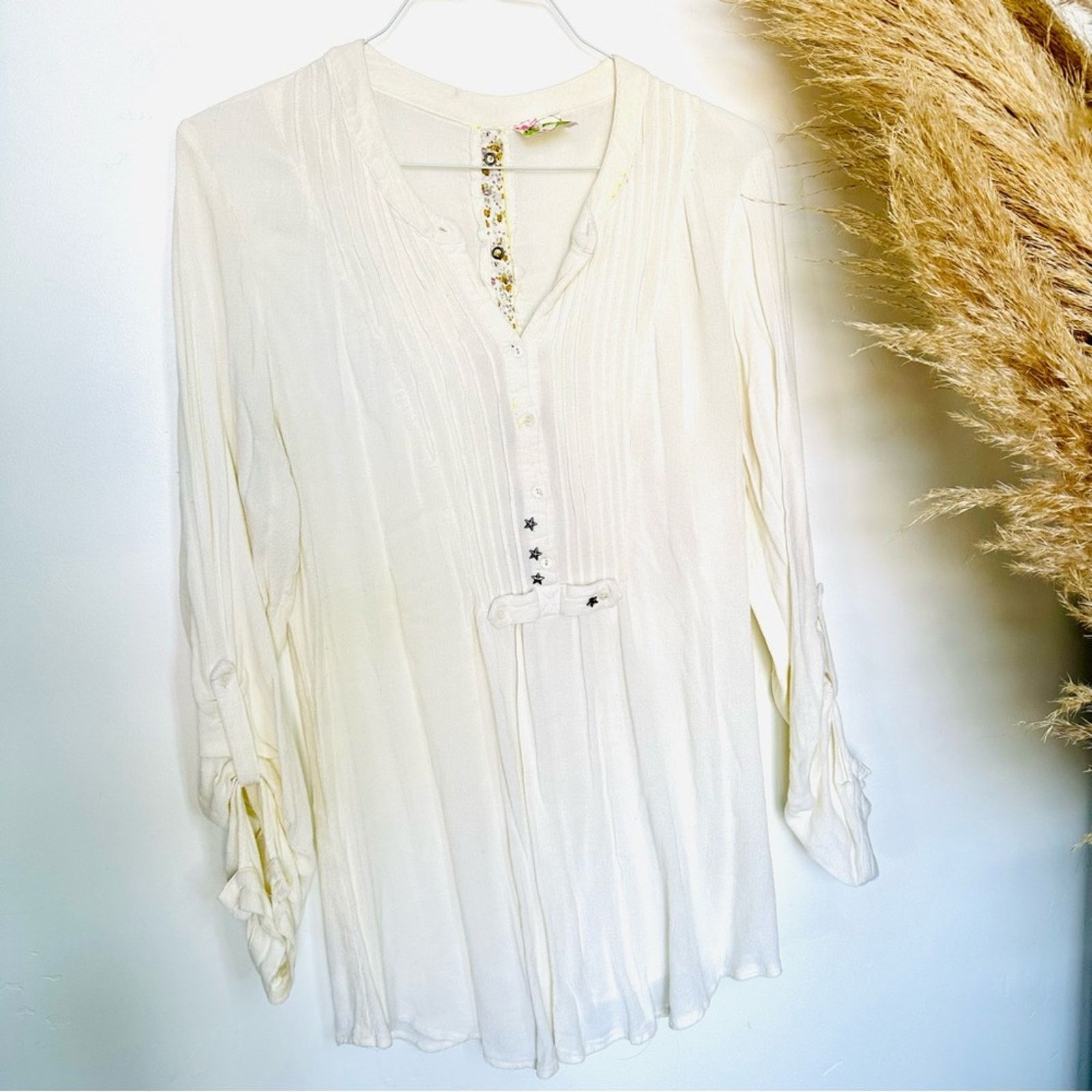 Free People FP FREE PEOPLE White Button Long Raw Hem Blouse Shirt Top Size L / US 10 / IT 46 - 6 Thumbnail