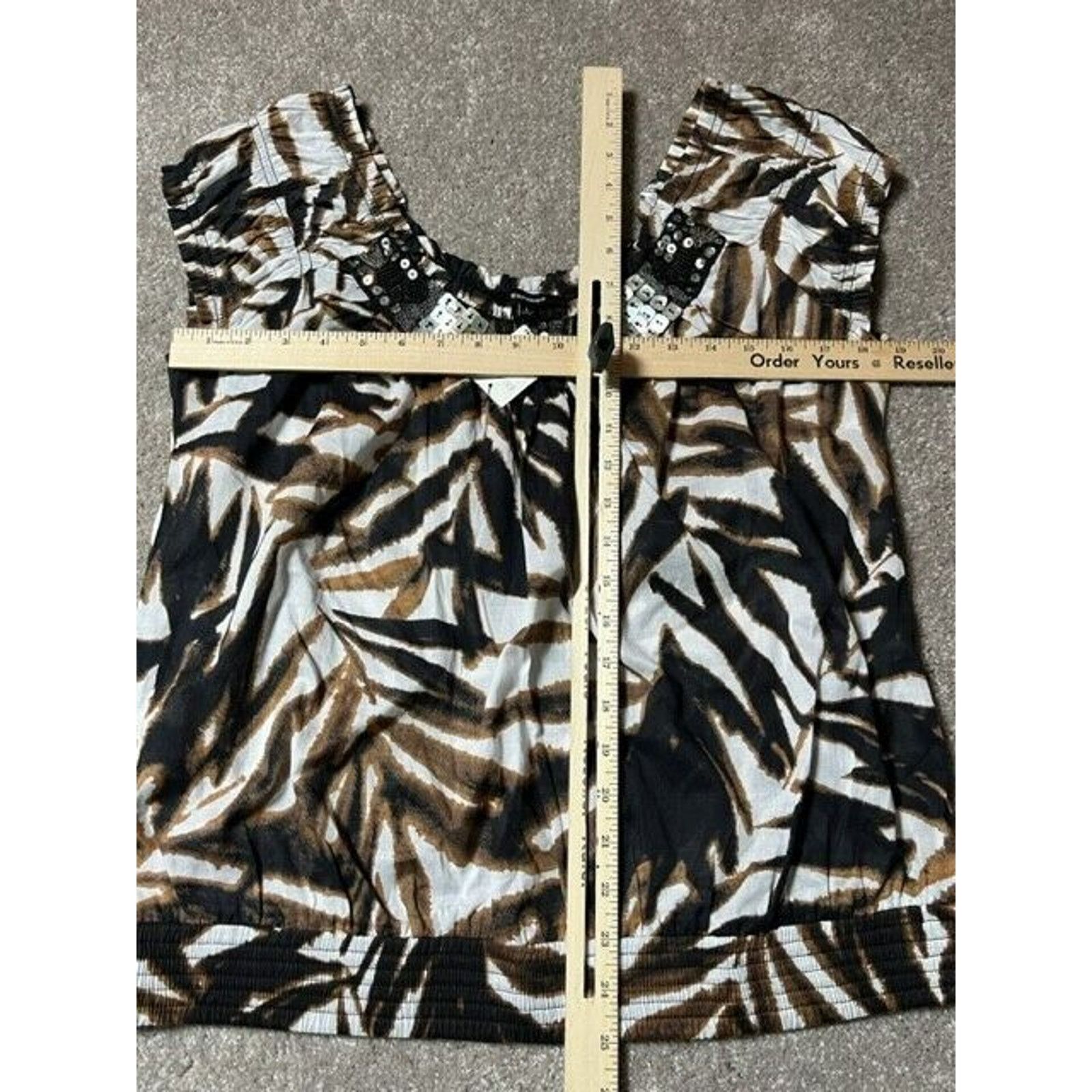 Express Express Blouse L Beaded Leaf Print Scoop Cap Sleeve Black Size L / US 10 / IT 46 - 8 Thumbnail
