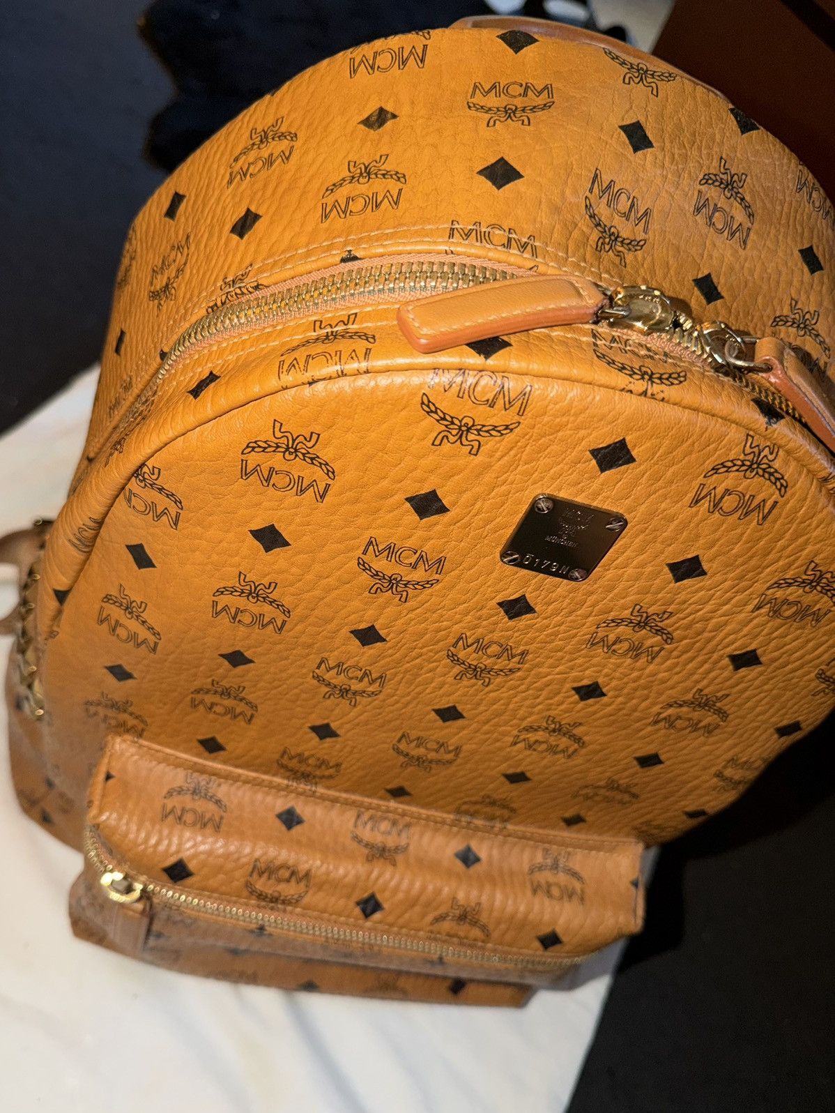 Large Cognac Gold Studded Stark Backpack