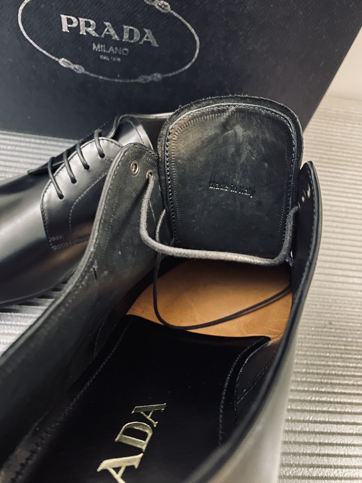 Prada Prada 🇮🇹 Nero calfskin logo ornamented stack heel derby 9 NEW Size US 9 / EU 42 - 3 Thumbnail