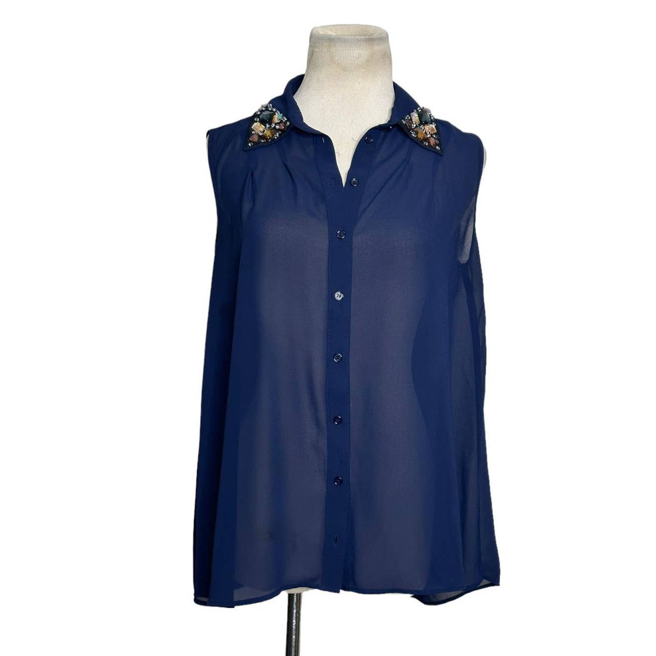 AQUA Aqua blue jeweled collared sleeveless blouse size Small Size S / US 4 / IT 40 - 1 Thumbnail