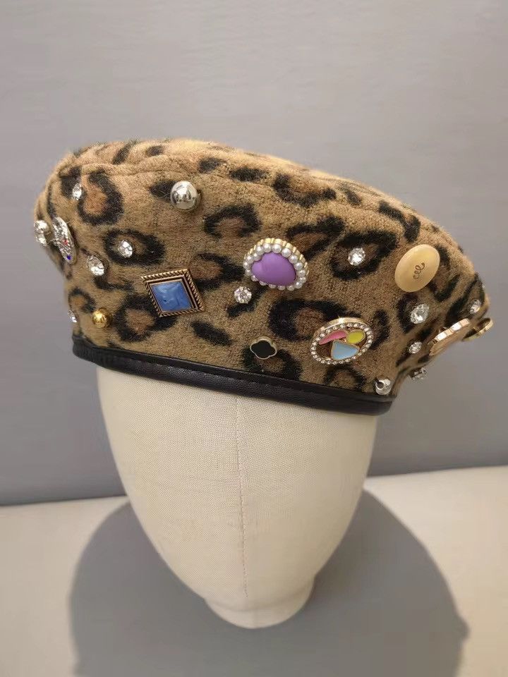 Japanese Brand Buttons Rhinestone Leopard Printed Berets Hat Size ONE SIZE - 2 Thumbnail
