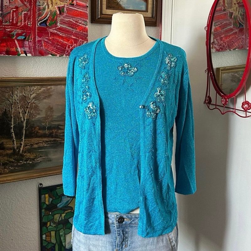 Other no brand blue floral beaded tank top cardigan set Size S / US 4 / IT 40 - 1 Thumbnail