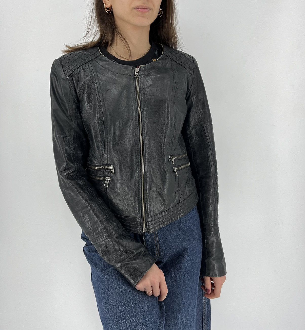 Bershka Bershka Black Authentic Leather Fitted Motorcycle Jacket Size M / US 6-8 / IT 42-44 - 5 Thumbnail