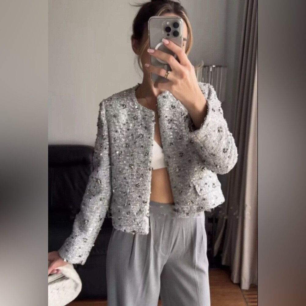 Zara ZARA ZW COLLECTION SS24 CROPPED SILVER SEQUIN JACKET REF. 2 Size M / US 6-8 / IT 42-44 - 2 Thumbnail
