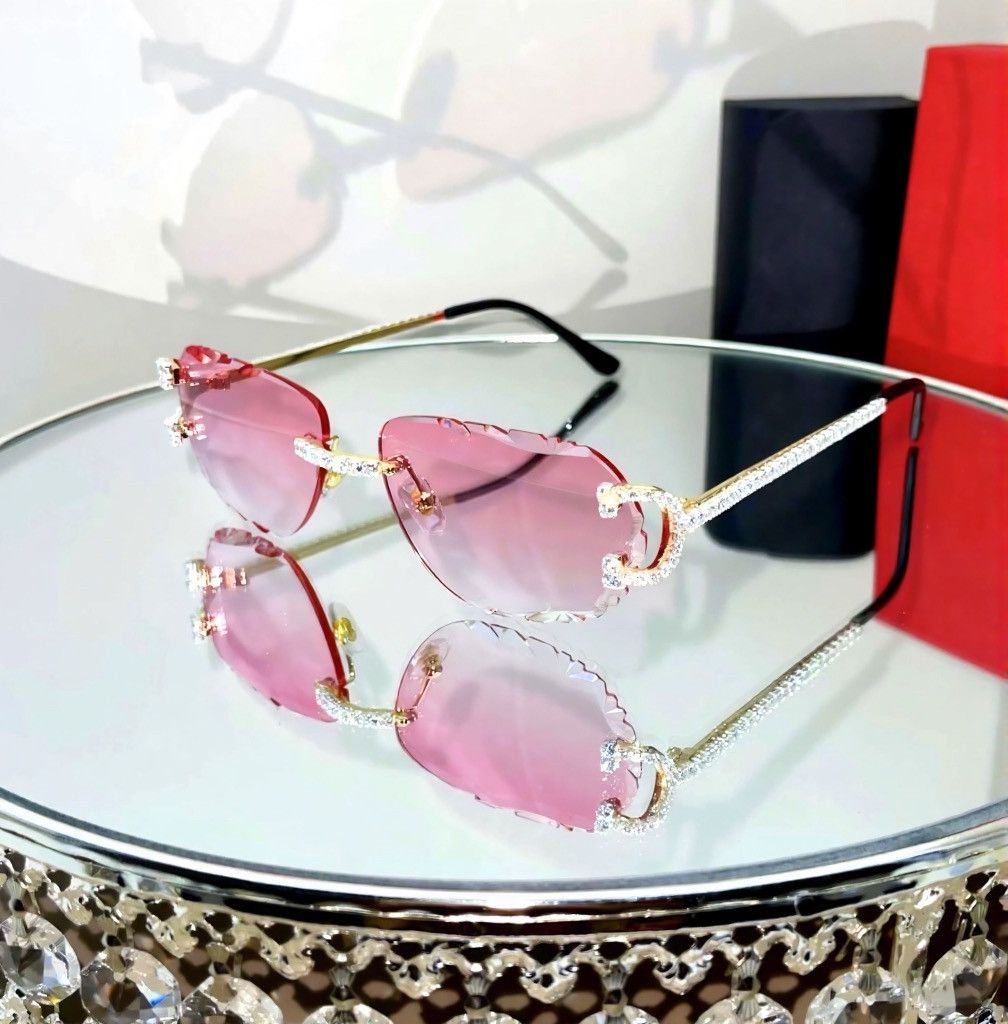 Luxury Rimless Round Cut Sunglasses Pink Lens Gold Frame