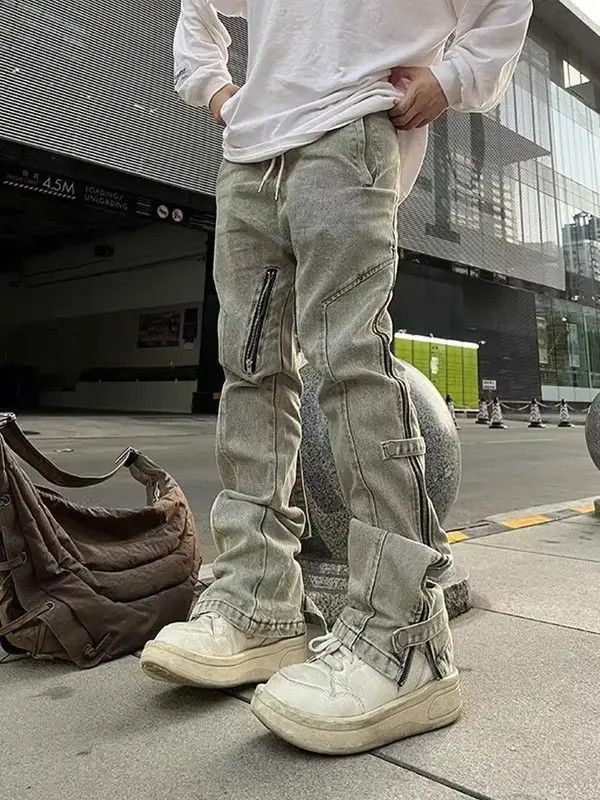Japanese Brand VIBE Distressed Washing Zip Up Micro Flare Jeans Size US 35 - 1 Thumbnail