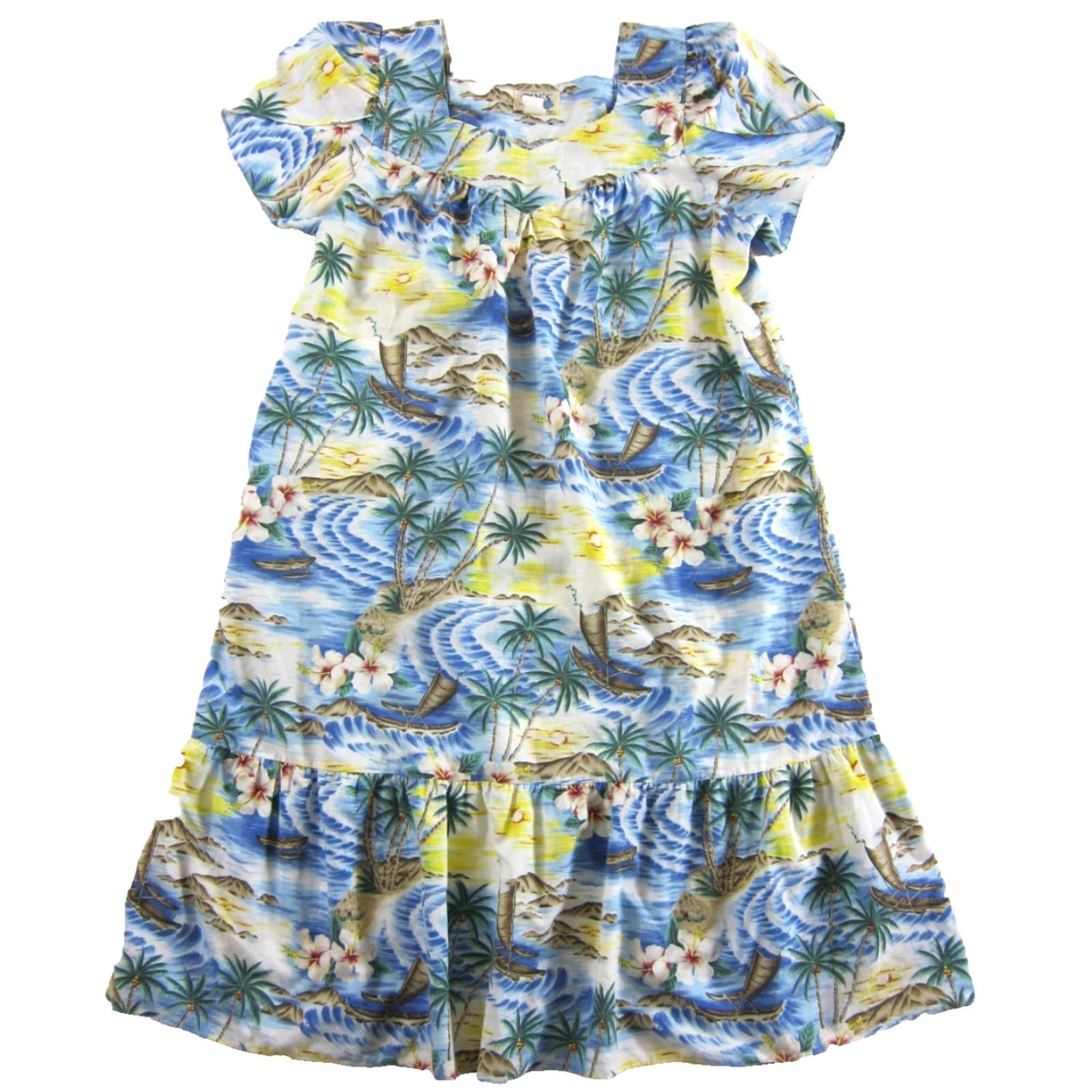Vintage VINTAGE KY'S Hawaii Blue Yellow Pink Palm Tree Floral Short Sleeve Midi Dress XL Size 40" / US 18 - 2 Thumbnail