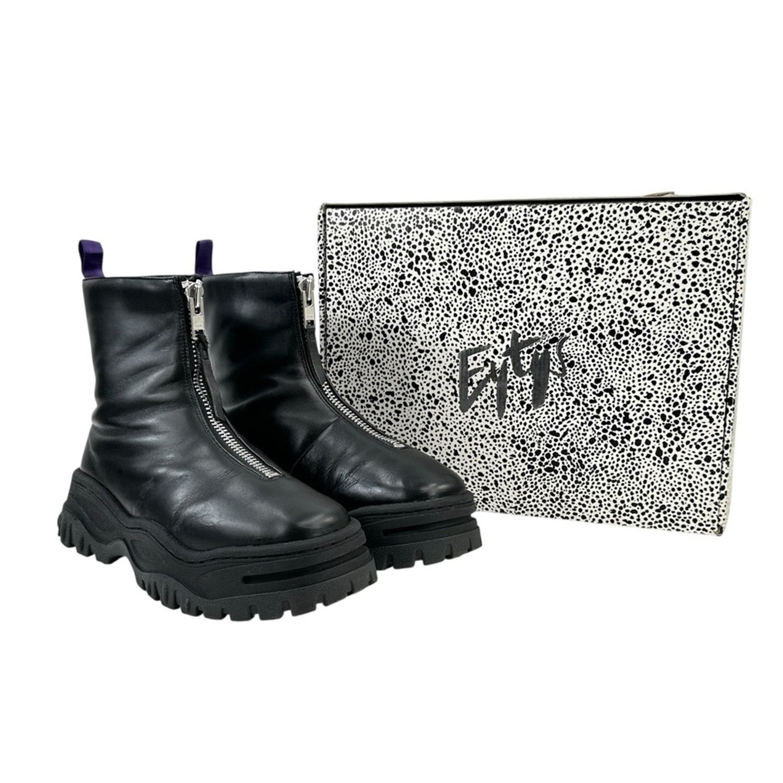 Raven Black Leather Front Zipper Platform Boots in OG box