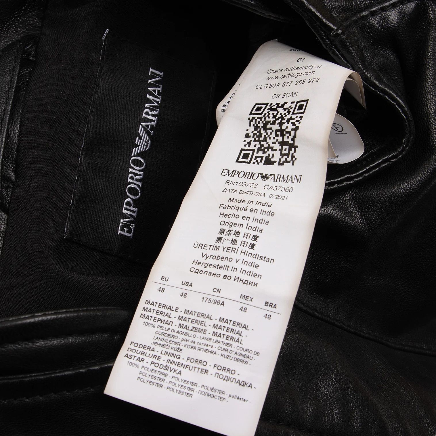 Emporio Armani Sheep Leather Rider Jacket in Black, Size 48 Size US M / EU 48-50 / 2 - 15 Thumbnail