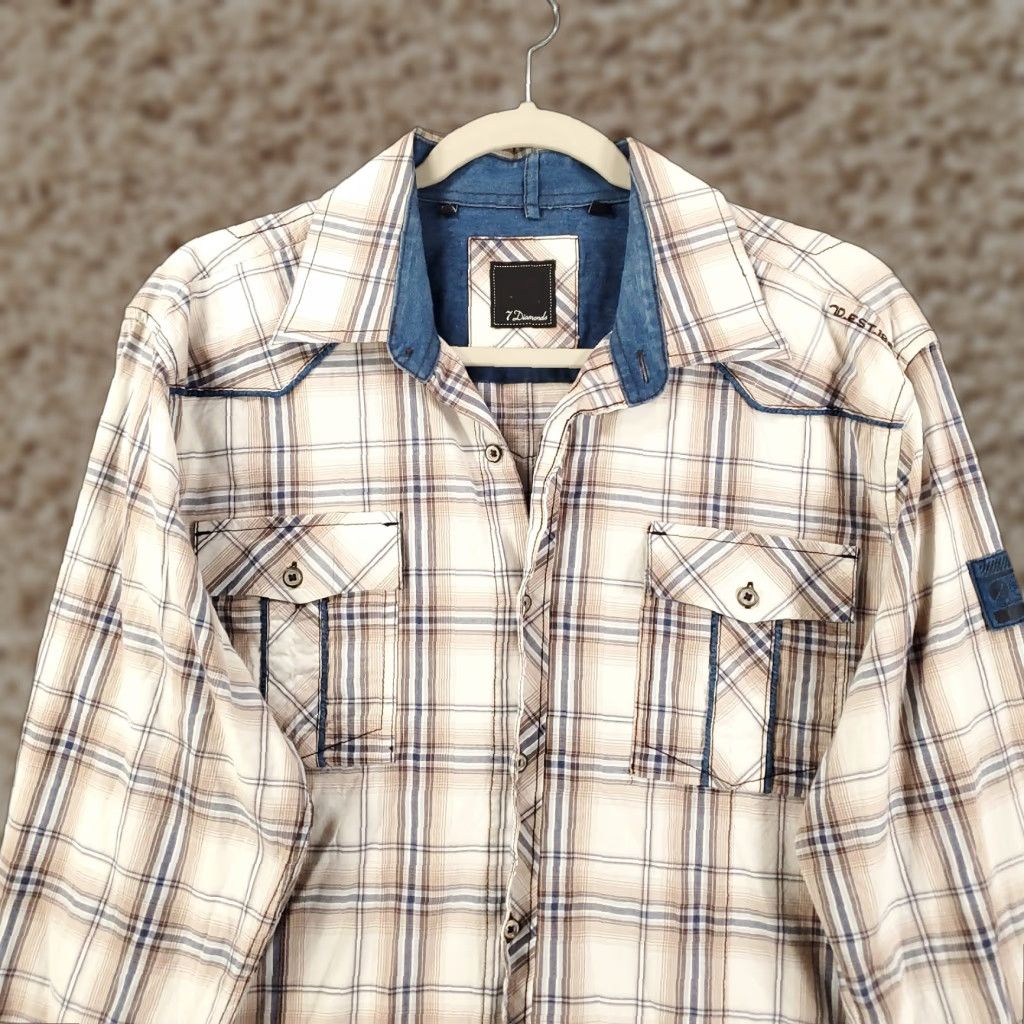Vintage 7 Diamonds Shirt Mens XL Blue White Brown Plaid Button Up Long Sleeve Cotton Size US XL / EU 56 / 4 - 1 Thumbnail