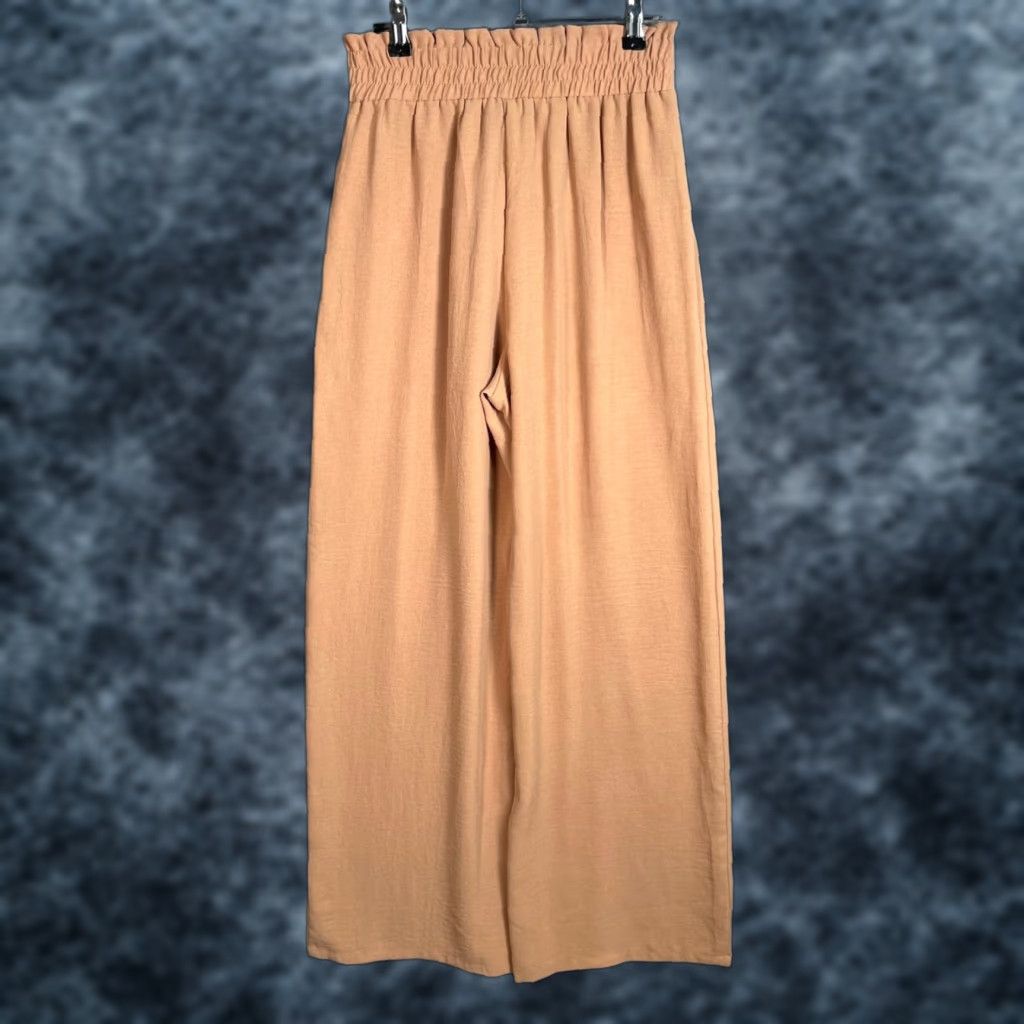 Vintage Iwollence Womens Small High-Waisted Tan Wide-Leg Pants With Tie Waist & Pockets Size 28" / US 6 / IT 42 - 1 Thumbnail