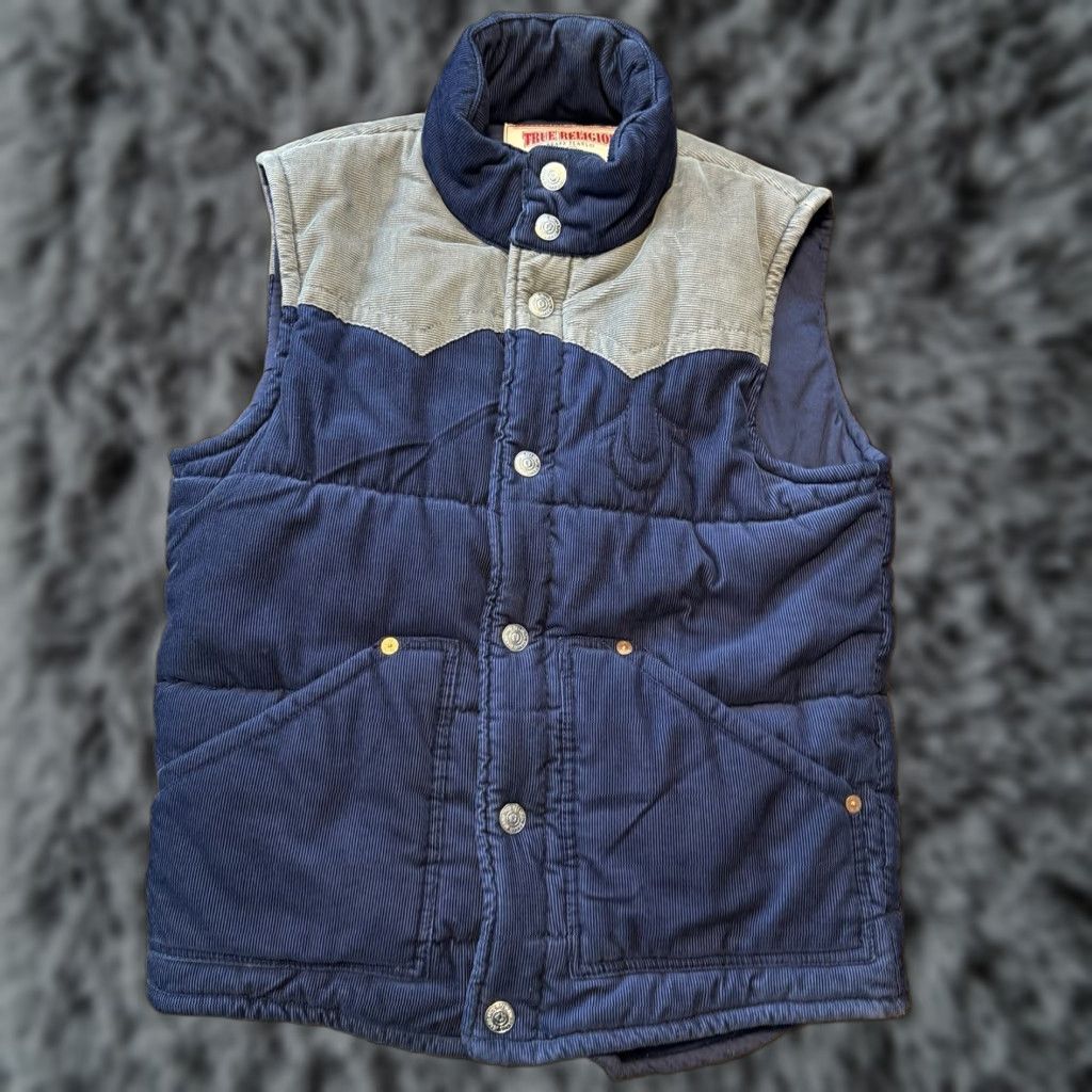 True Religion TRUE RELIGION Gilet CARTER Vest Jacket Logo Navy Blue Grey Corduroy Men’s Large READ Size US L / EU 52-54 / 3 - 1 Thumbnail