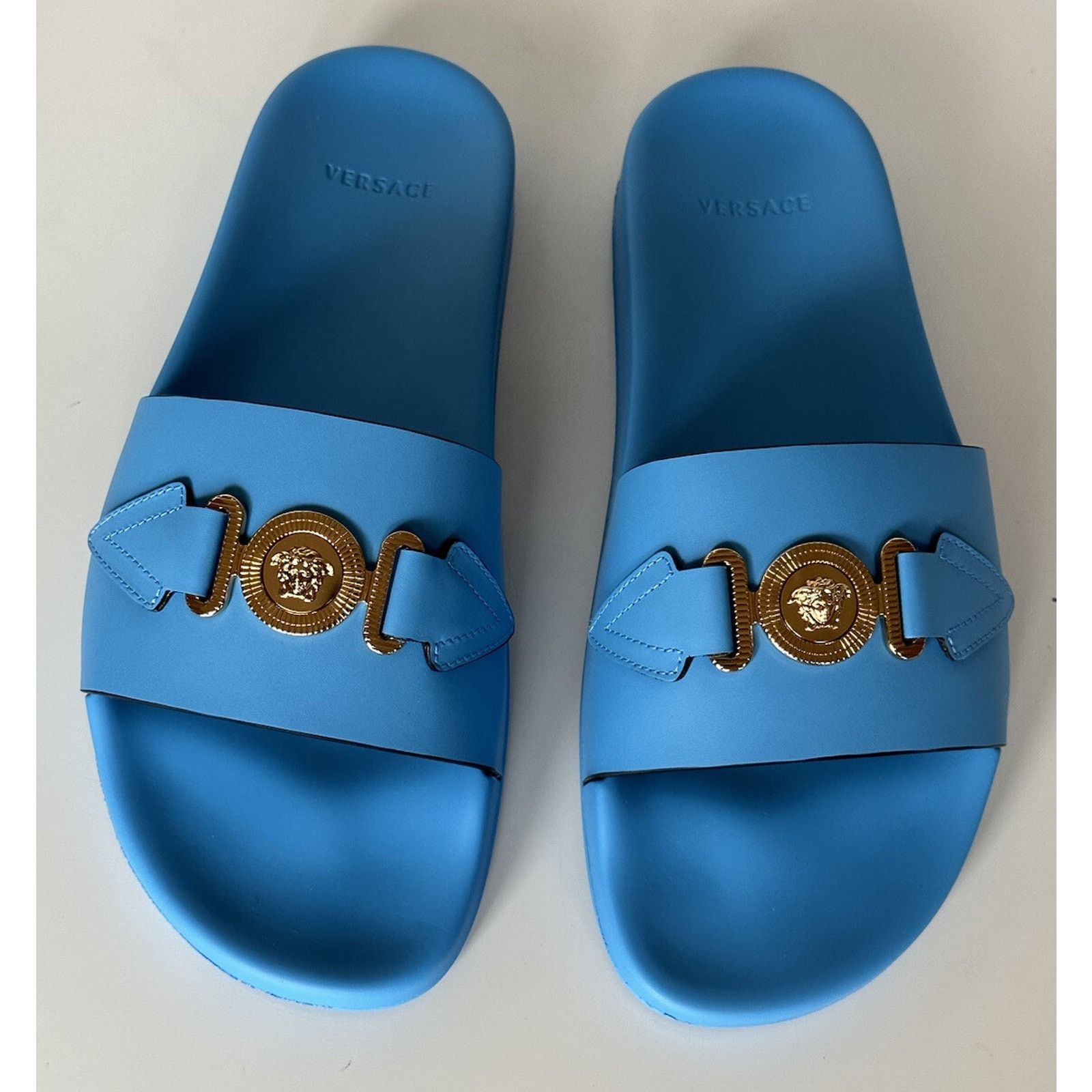 Versace Versace Gold Medusa Leather/Rubber Sandals Blue 10 1004983 Size US 10 / EU 43 - 3 Thumbnail