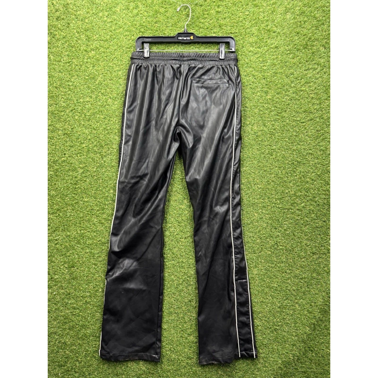 Vintage EPTM Pants Mens S Black Faux Leather Panel Cargo Flat Front Stretch Polyester - Workwear Casual Mens Pants S Black Cargo Stretch Pockets 32in Inseam Size US 29 - 2 Thumbnail