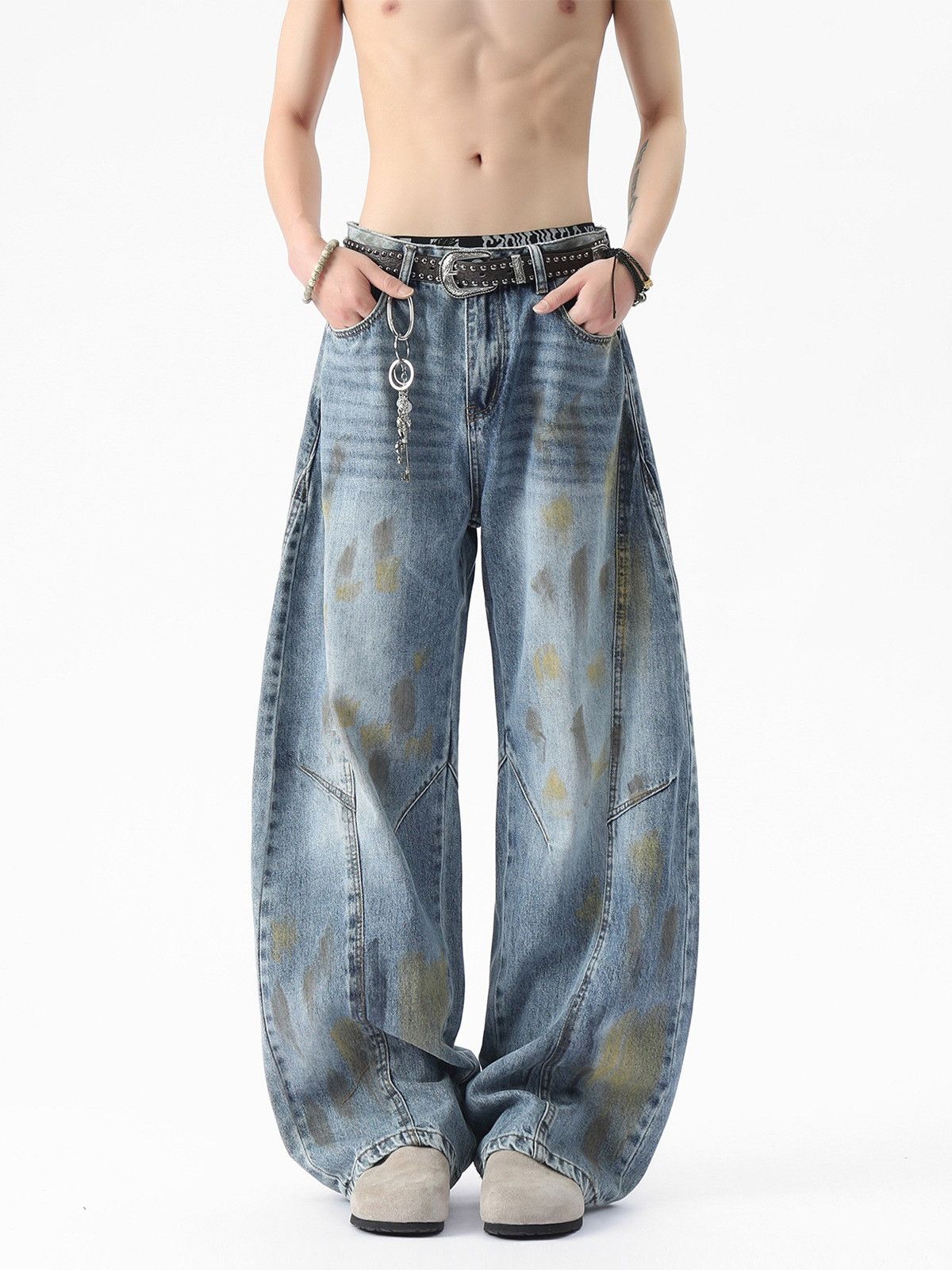 Japanese Brand Distressed men's vintage wide-leg dirty-dyed scimitar jeans Size US 32 / EU 48 - 1 Thumbnail
