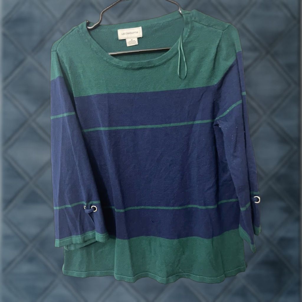 Liz Claiborne Liz Claiborne Sweater Womens Medium Stretch Striped Navy Blue Pullover Boat Neck Casual Outdoor Size M / US 6-8 / IT 42-44 - 1 Thumbnail