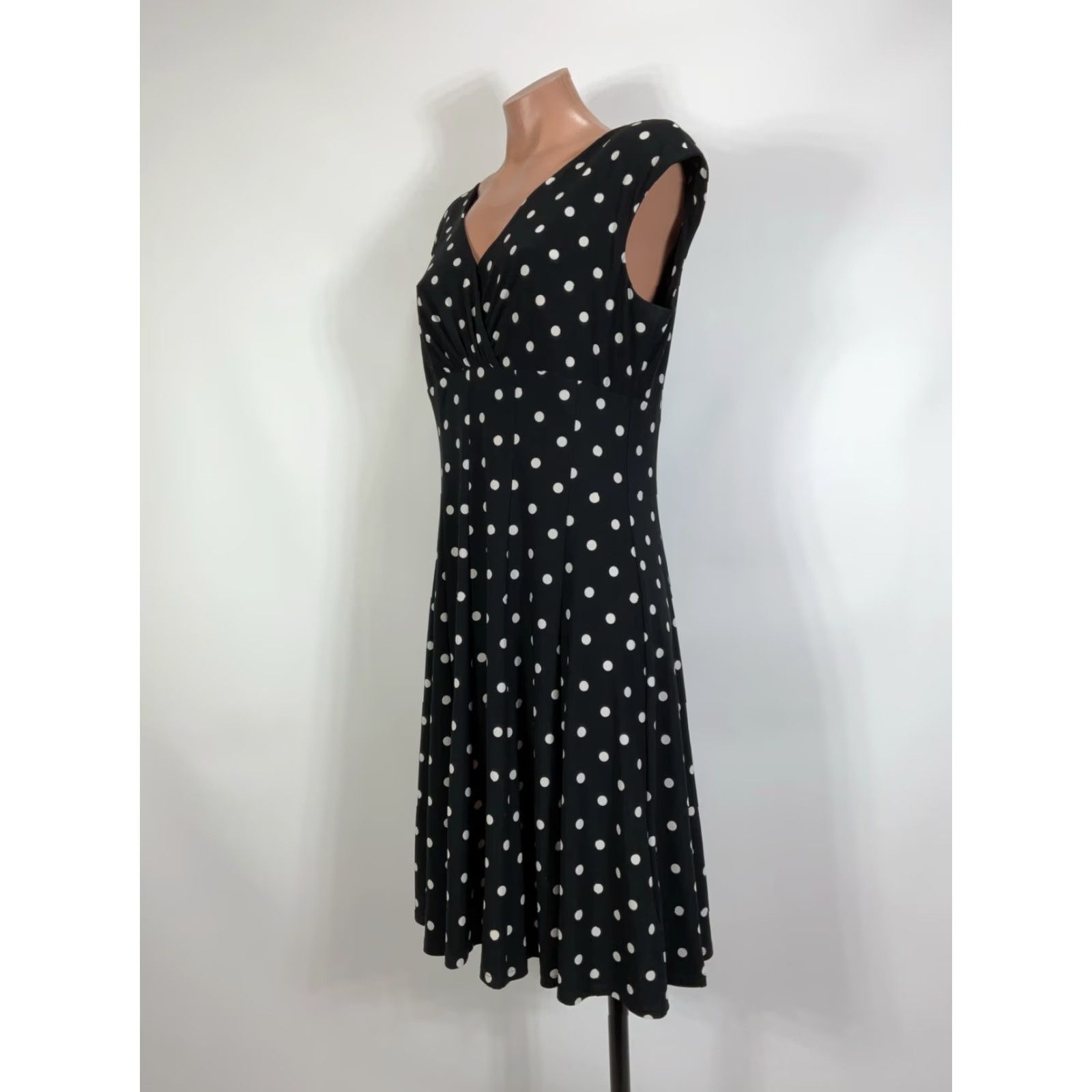 VINTAGE Lauren Ralph Lauren Women's Midi Black Polka Dot Dress Size 12  A-Line Fit Flare