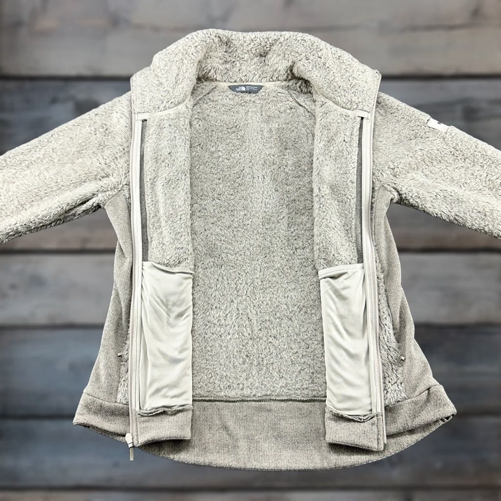 The North Face The North Face Jacket Womens L Cream Oatmeal Fleece Sherpa Logo Mid-Length Long Sleeve Polyester Zip Solid Ivory Regular Seasonal Fall Winter Spring Size L / US 10 / IT 46 - 1 Thumbnail