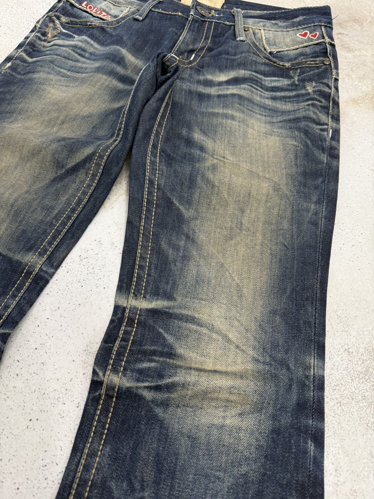 Japanese Brand Lolita Dark Mudwash Whisker Embroidery Flare Denim Pants Size US 27 - 7 Thumbnail