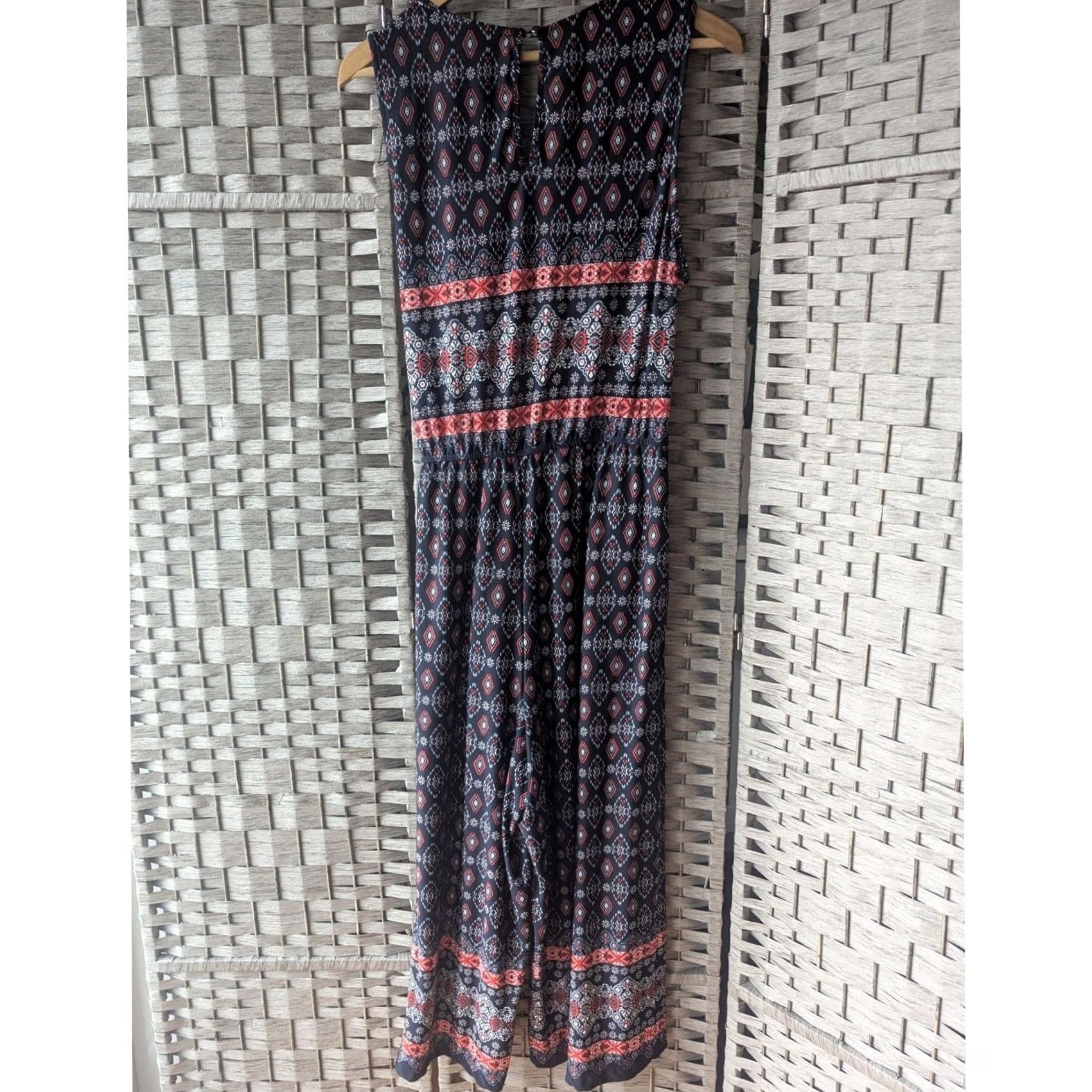 Nautica Navy Red Geometric Print Sleeveless Wide Leg Jumpsuit Womens L Nautical Preppy Size 36" / US 14 / IT 50 - 2 Thumbnail