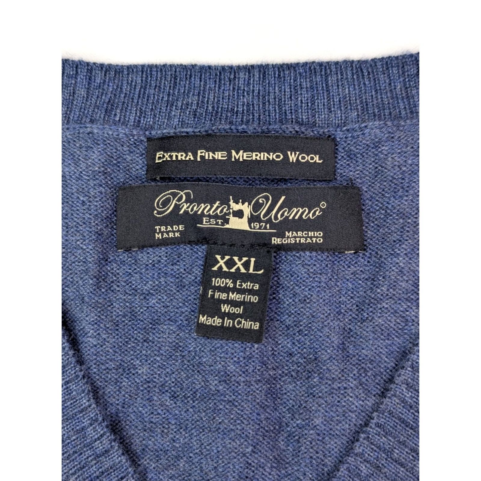 Pronto Uomo Pronto Uomo Sweater Shirt 2XL Blue Merino Wool V-Neck Pullover, Regular Fit, Long Sleeve, Knitted Knit, 90s Classic, Designer, Preppy, Mens Size US XXL / EU 58 / 5 - 2 Thumbnail