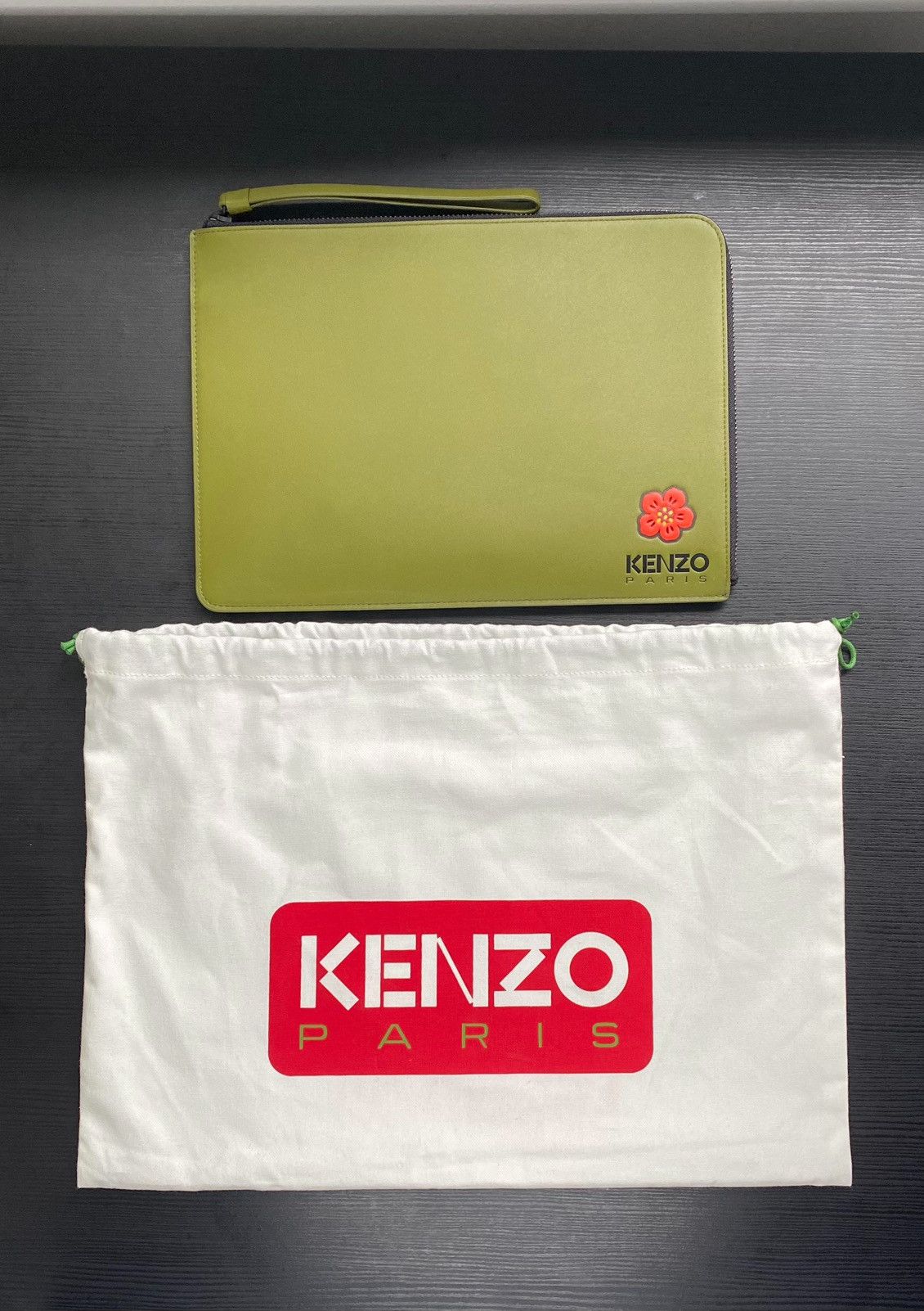Kenzo KENZO Large 'Boke Flower' Leather Clutch - Khaki Size ONE SIZE - 1 Thumbnail
