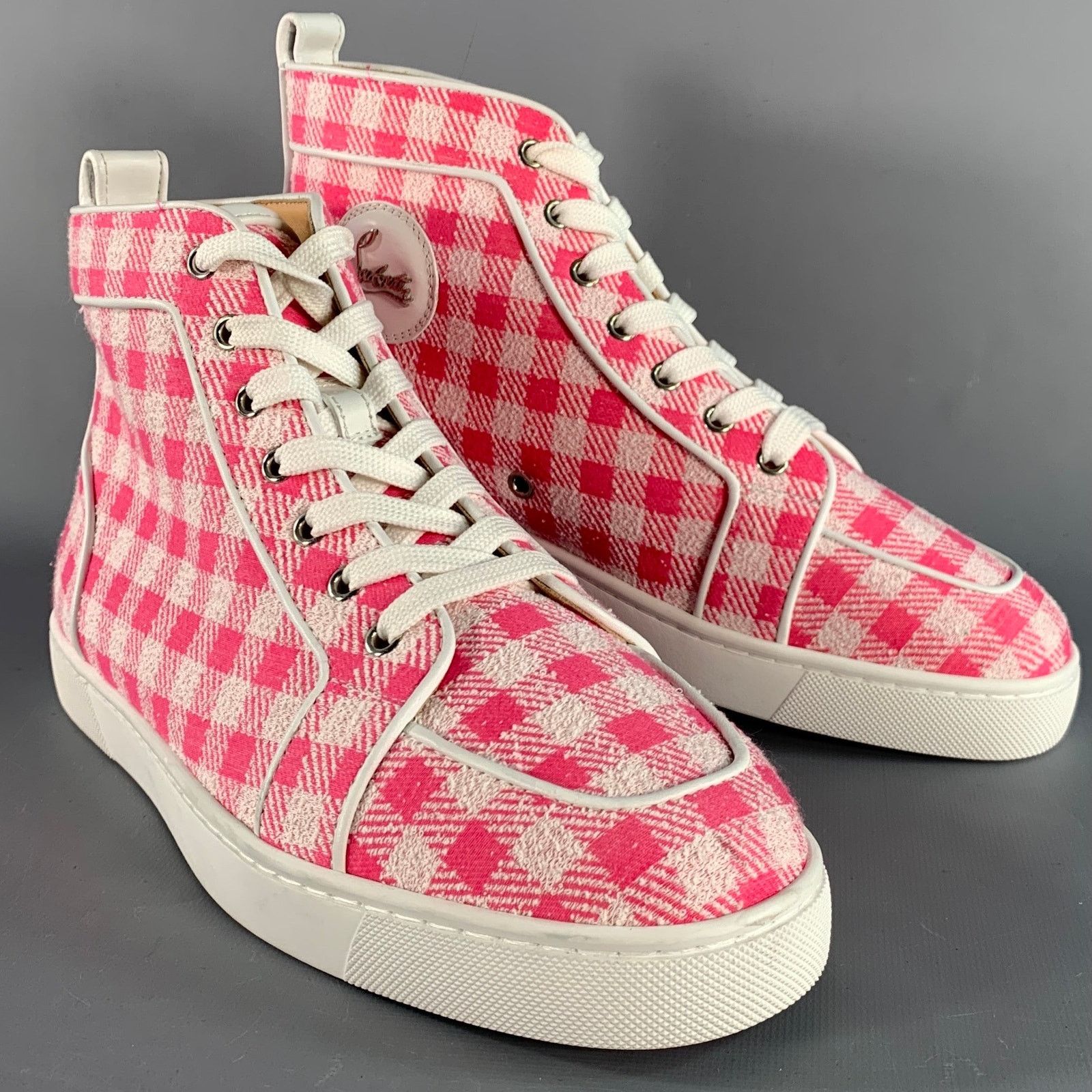 Christian Louboutin Size 9 Pink White Checkered Fabric High Top Sneakers Size US 9 / EU 42 - 1 Thumbnail