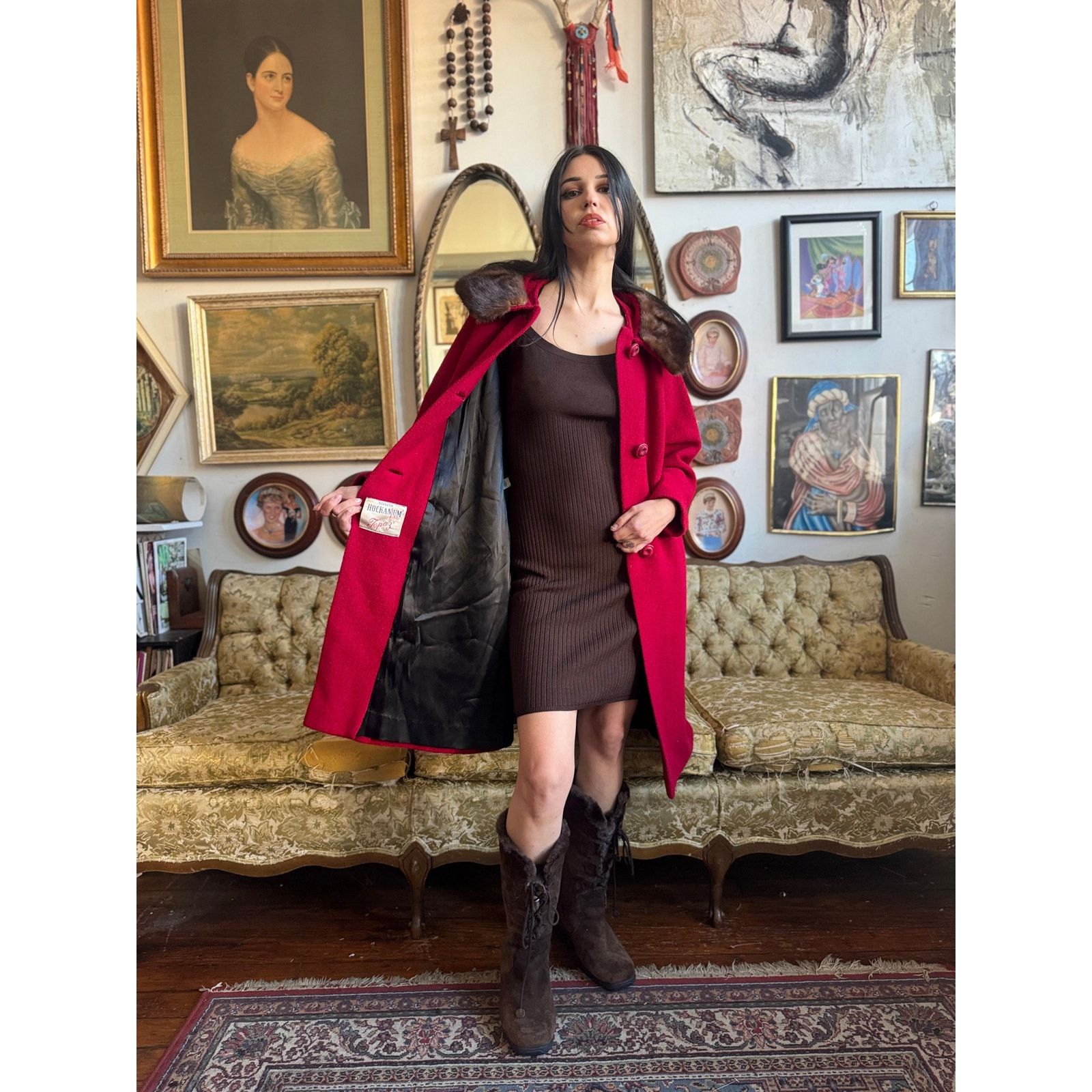 Vintage 50s Stevens Hockanum Topaz Red Genuine Fur Collar Coat Large Size L / US 10 / IT 46 - 3 Thumbnail
