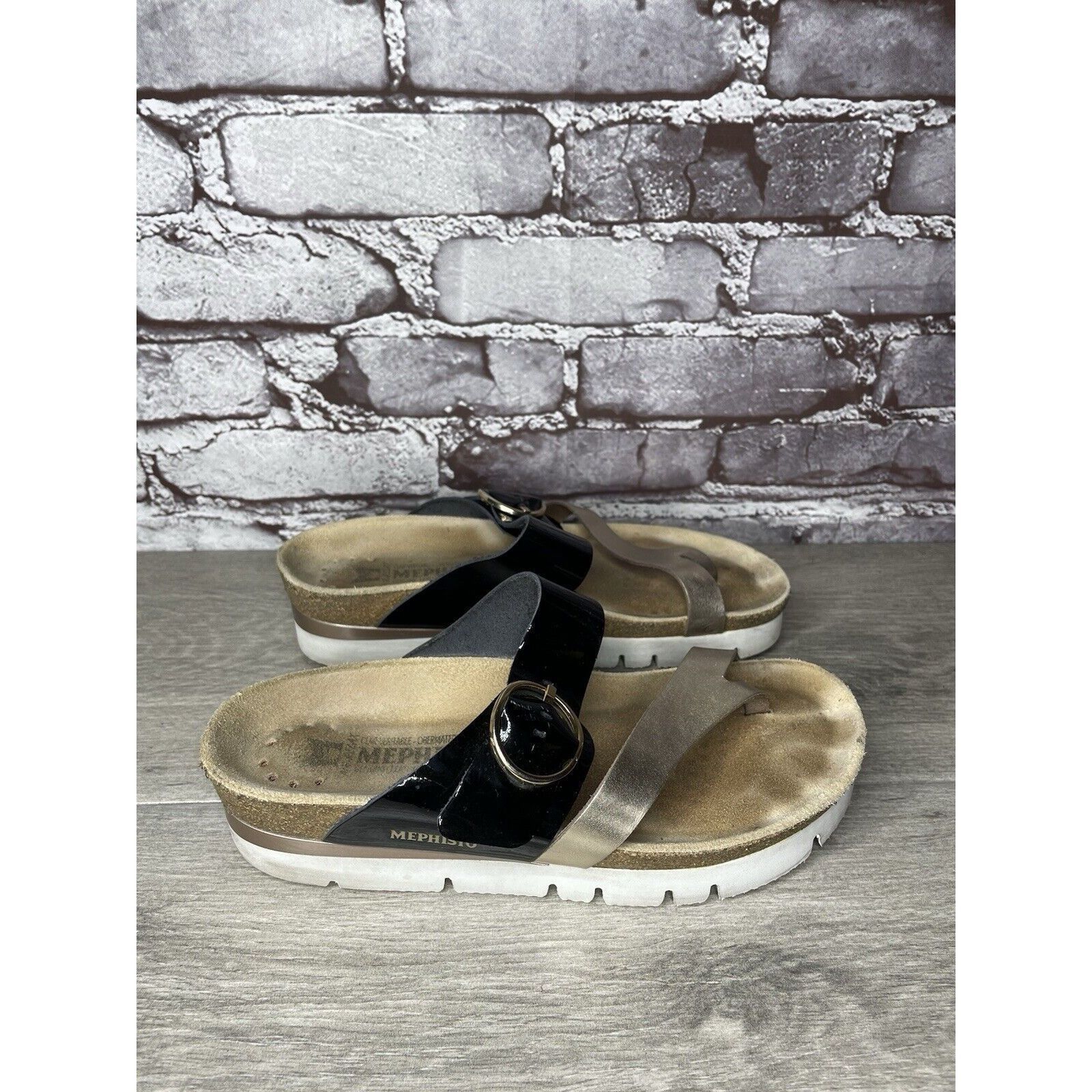 Mephisto Mephisto Silver Leather Black Patent Toe Strap Cork Wedge Sa Size US 8 / IT 38 - 21 Thumbnail