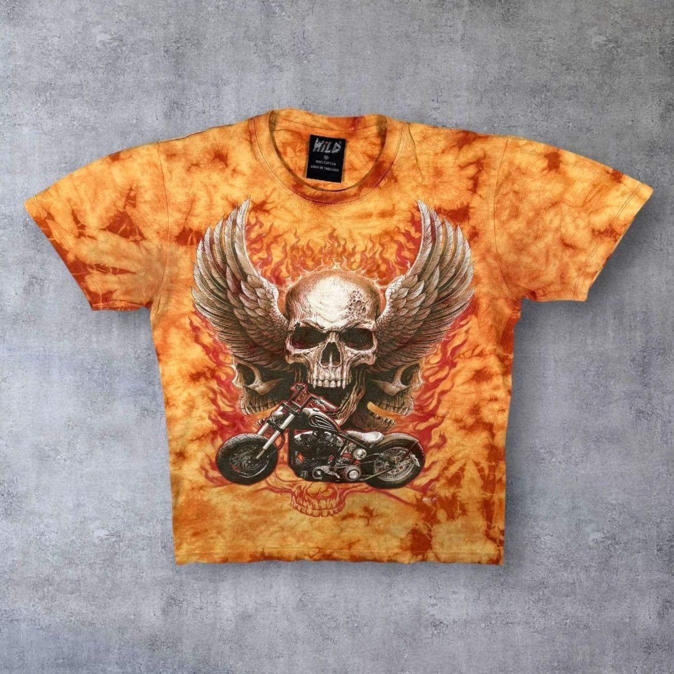 Vintage Wild Goth Biker Skull Graphic Orange Tie Dye Cotton T-Shirt Medium Size US M / EU 48-50 / 2 - 2 Thumbnail