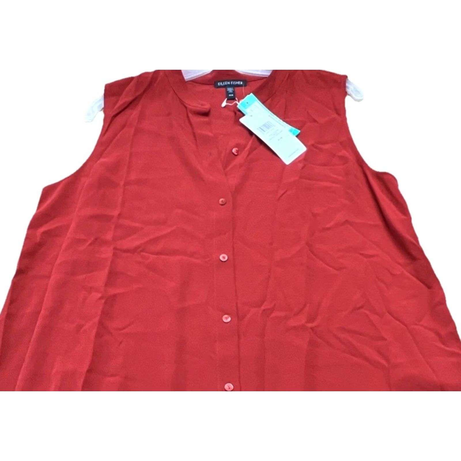 Eileen Fisher VINTAGE? No. Eileen Fisher Silk Blouse Tunic Red Sleeveless Button Front NWT Medium Longline Size L / US 10 / IT 46 - 3 Thumbnail