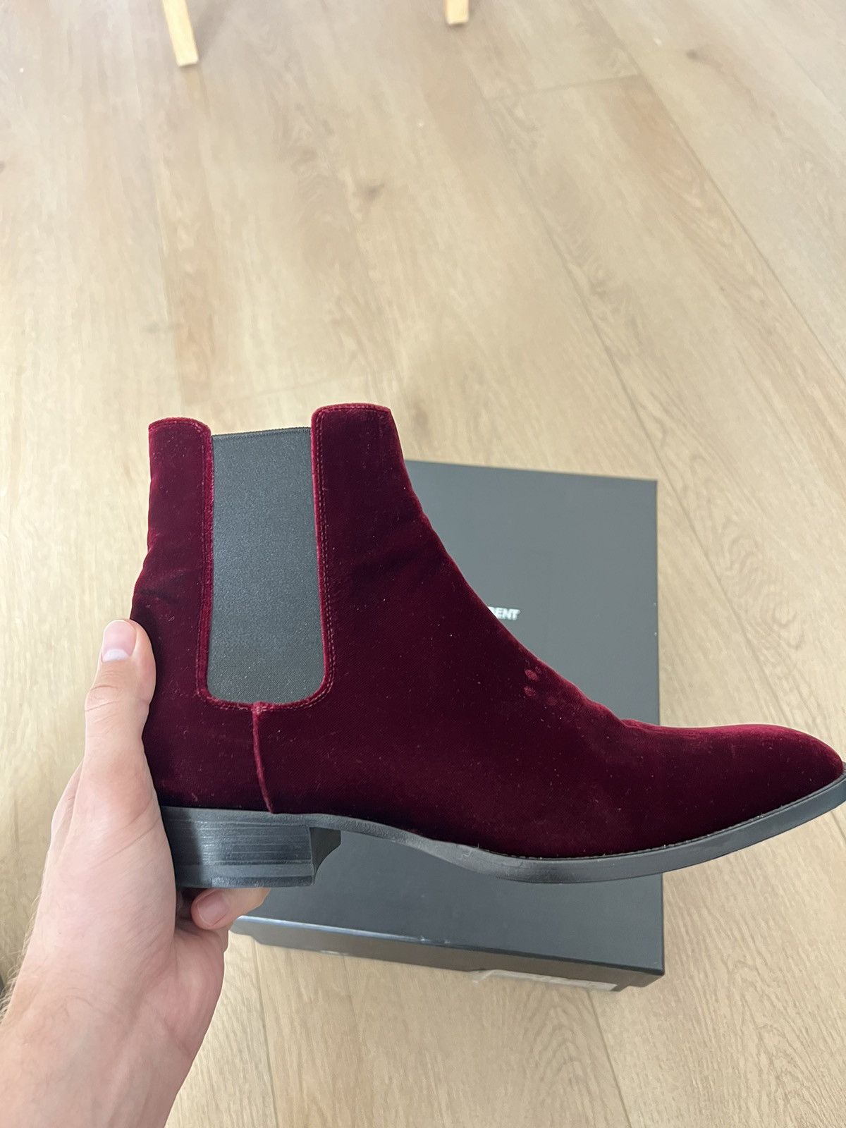 image of Saint Laurent Paris Fw16 Burgundy Velour Chelsea Wyatt Shoes, Men's (Size 8)