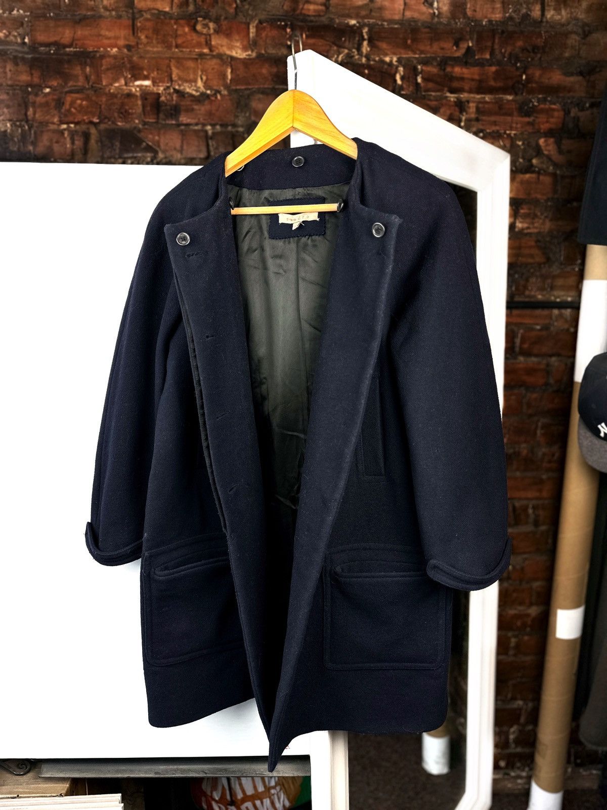 Sandro SANDRO Paris Navy Blue Wool Blend A-Line Collarless Coat Size M / US 6-8 / IT 42-44 - 4 Thumbnail