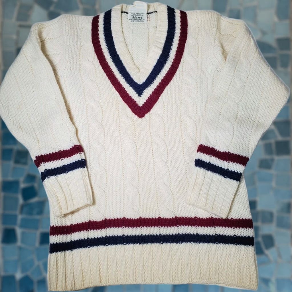 Vintage VTG Items International Fully Fashioned Cable Knit Tennis Cricket Sweater Men S Wool Ivory Striped Preppy 80s Knits Pullover Vintage Mens S Size US S / EU 44-46 / 1 - 1 Thumbnail