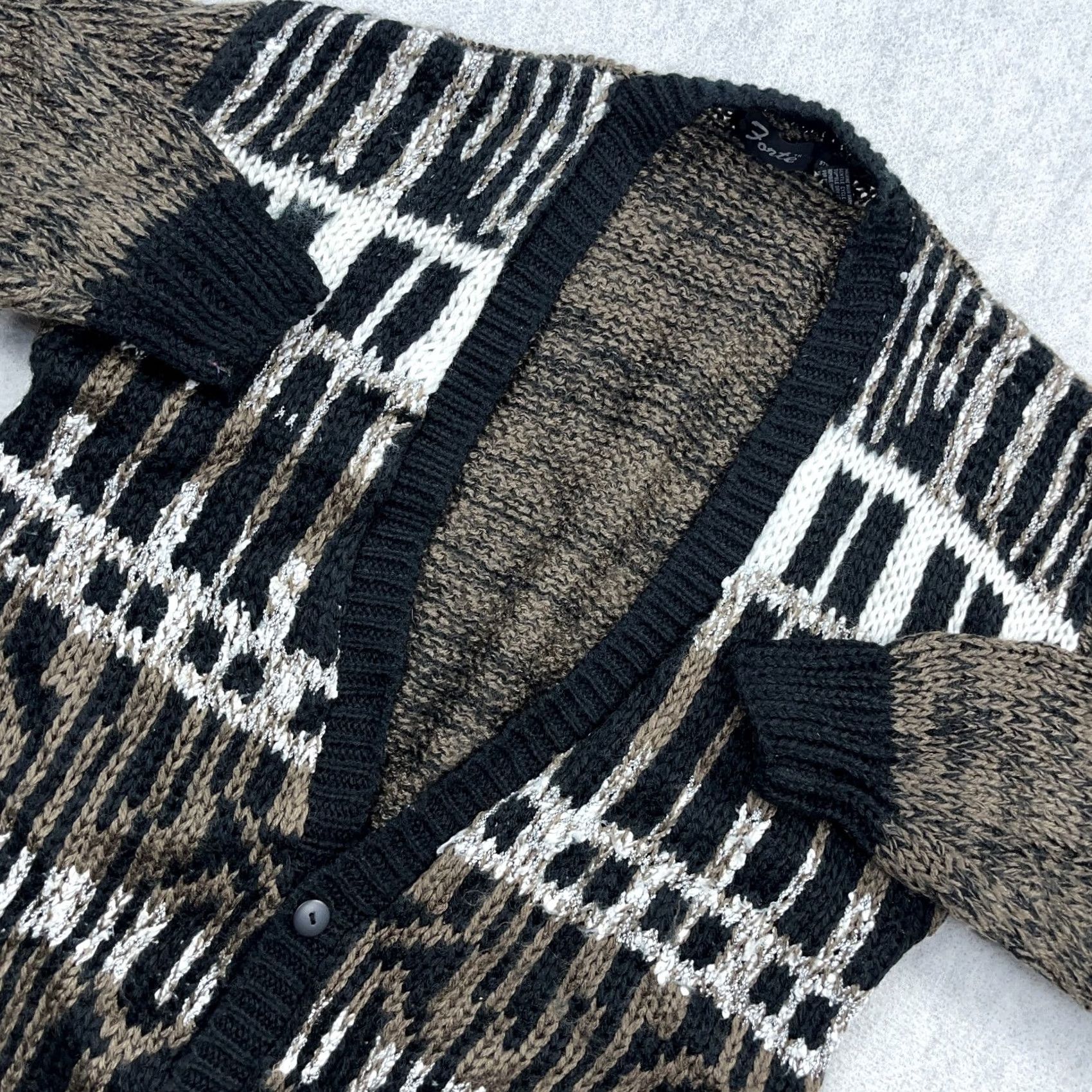Fortela Vintage Forte Geometric Cardigan Sweater Men M Brown Knit 90s Chunky V-Neck, Regular Fit, All Seasons, Long Sleeve, Button, Logo, Vintage Men Size US M / EU 48-50 / 2 - 2 Thumbnail