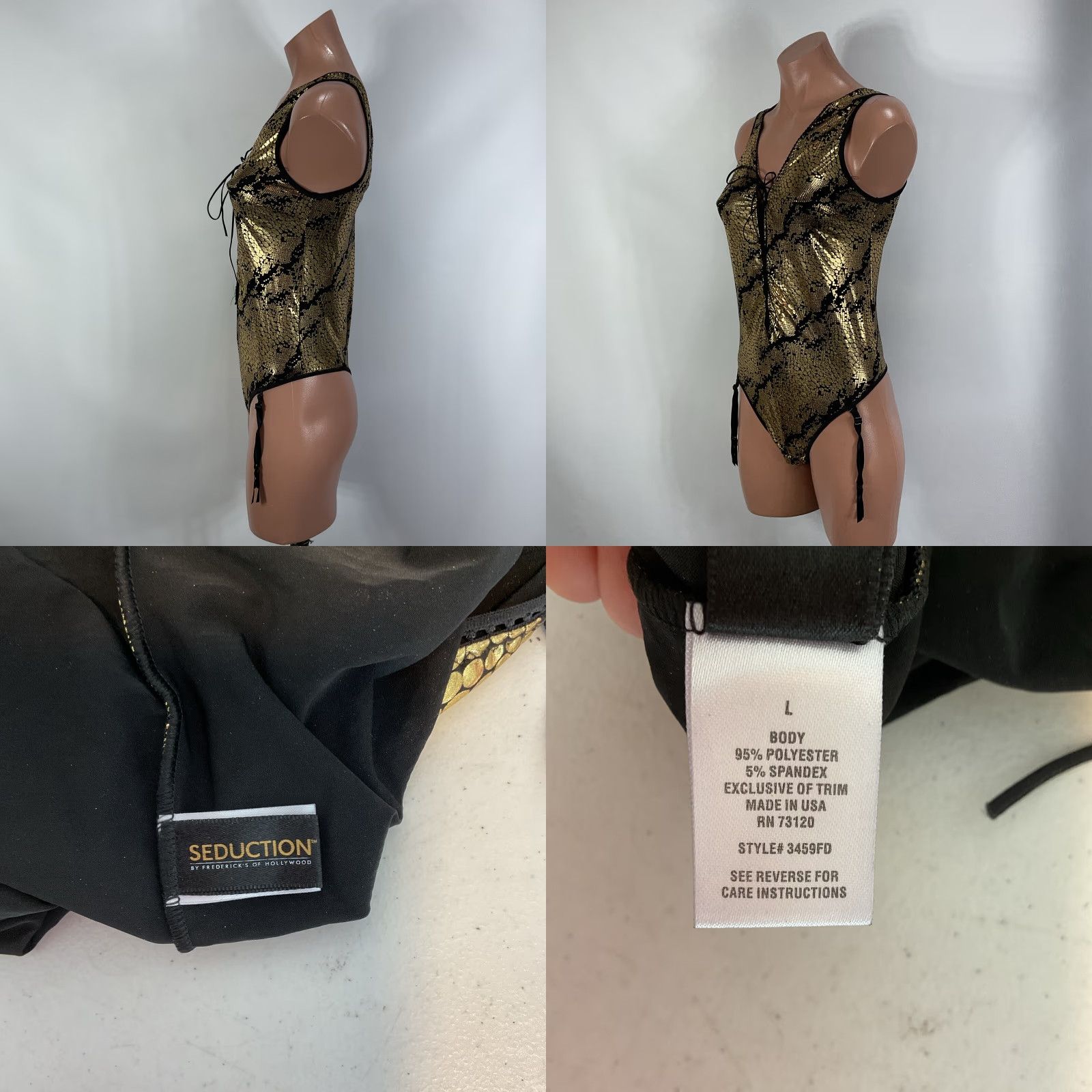 VINTAGE Frederick's of Hollywood Teddy Bodysuit Gold L 1990s Glam Rock Special Occasion Mens Womens Girls Boys