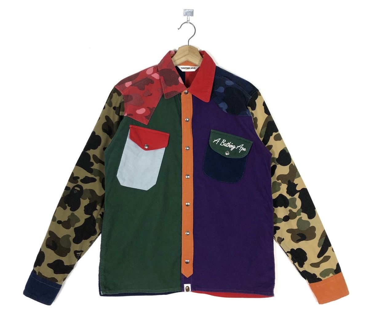 image of Bape Mix Crazy Camo Colorblocks Button Ups Shirt Jacket, Men's (Size Medium)