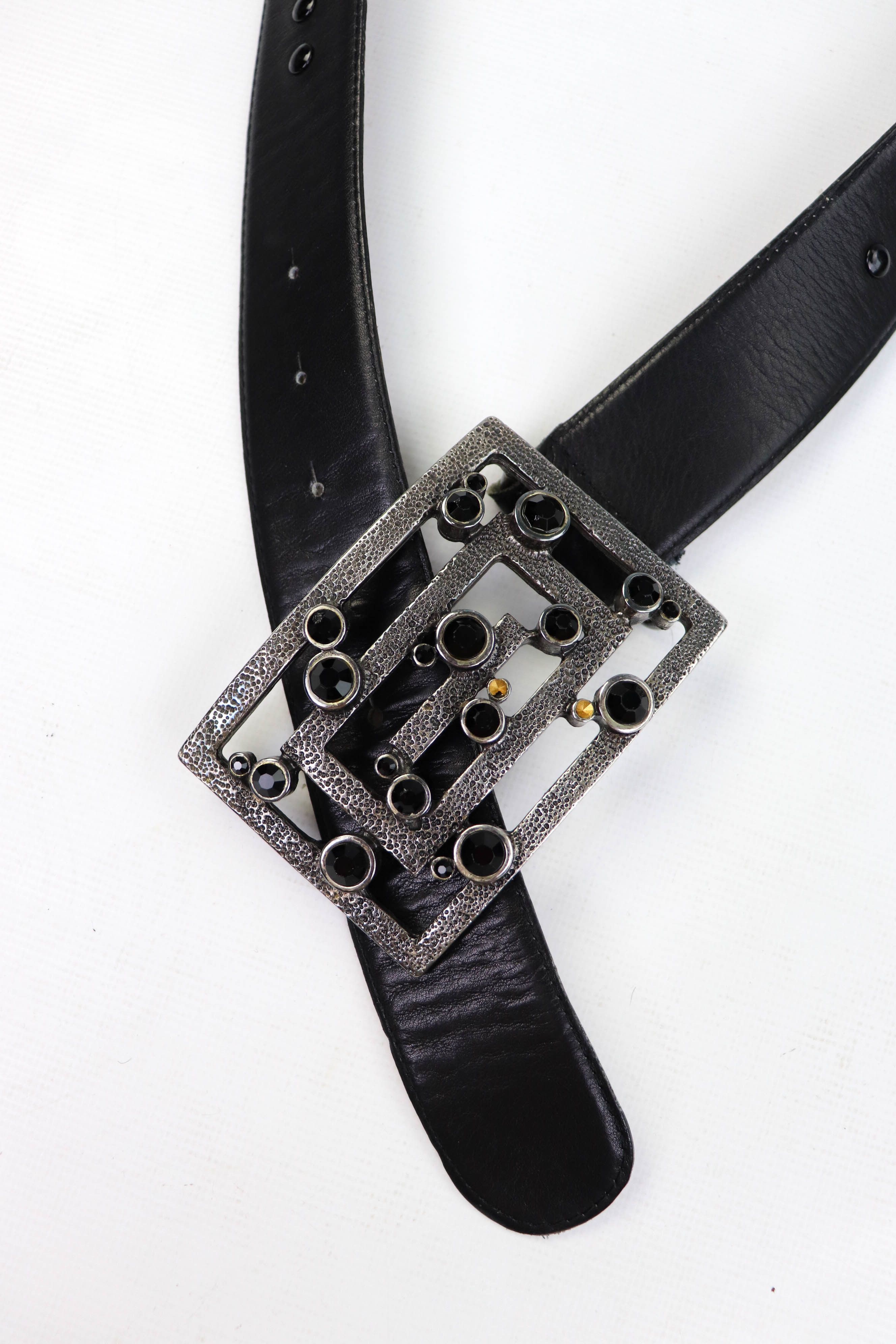 Vintage NOEMI LIBERTI PARIS Rhinestones Buckle Leather Studded Belt Size ONE SIZE - 4 Thumbnail