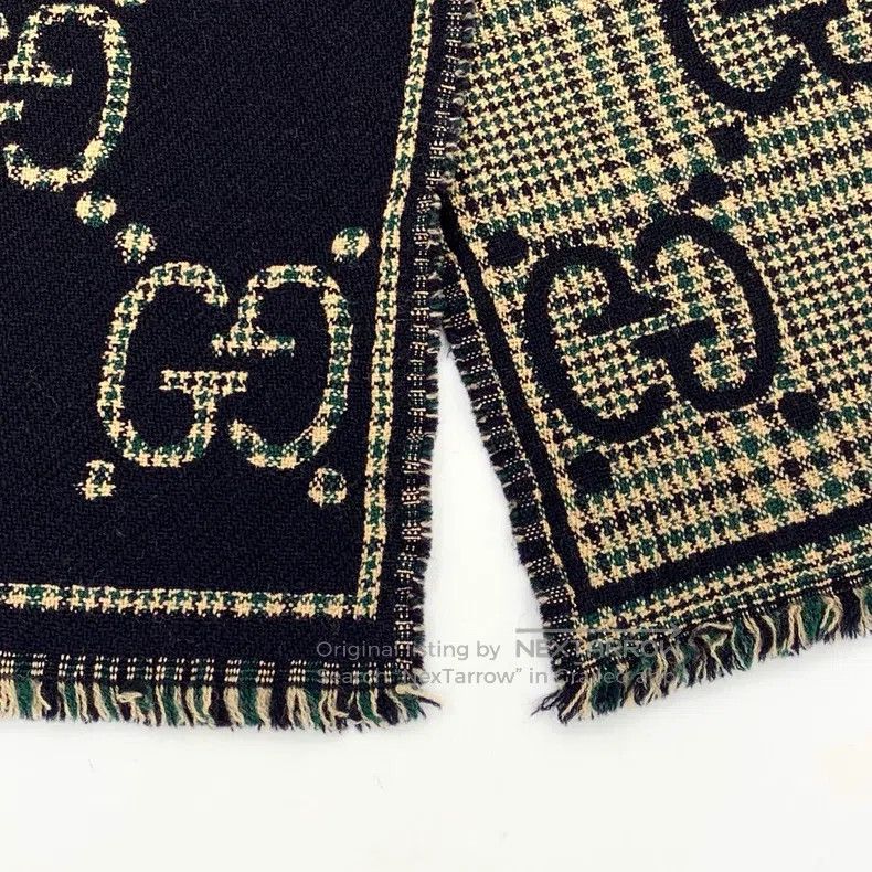 Gucci Gucci Black logo jacquard full-print wool tassel scarf Size ONE SIZE - 5 Thumbnail