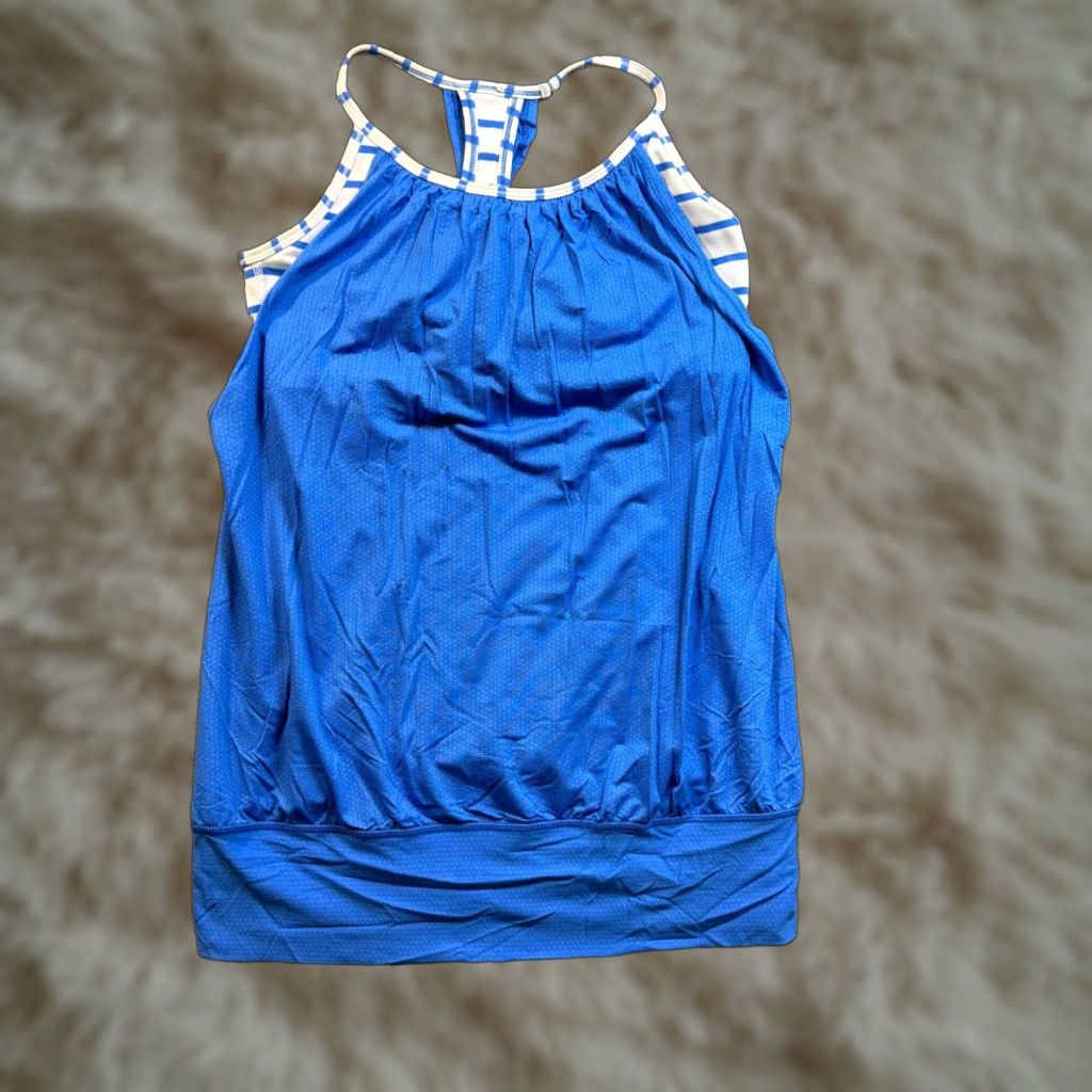 VINTAGE Lululemon No Limits Tank Women's Yoga Sleeveless Scoop Neck Built-In Bra Blue White size 2