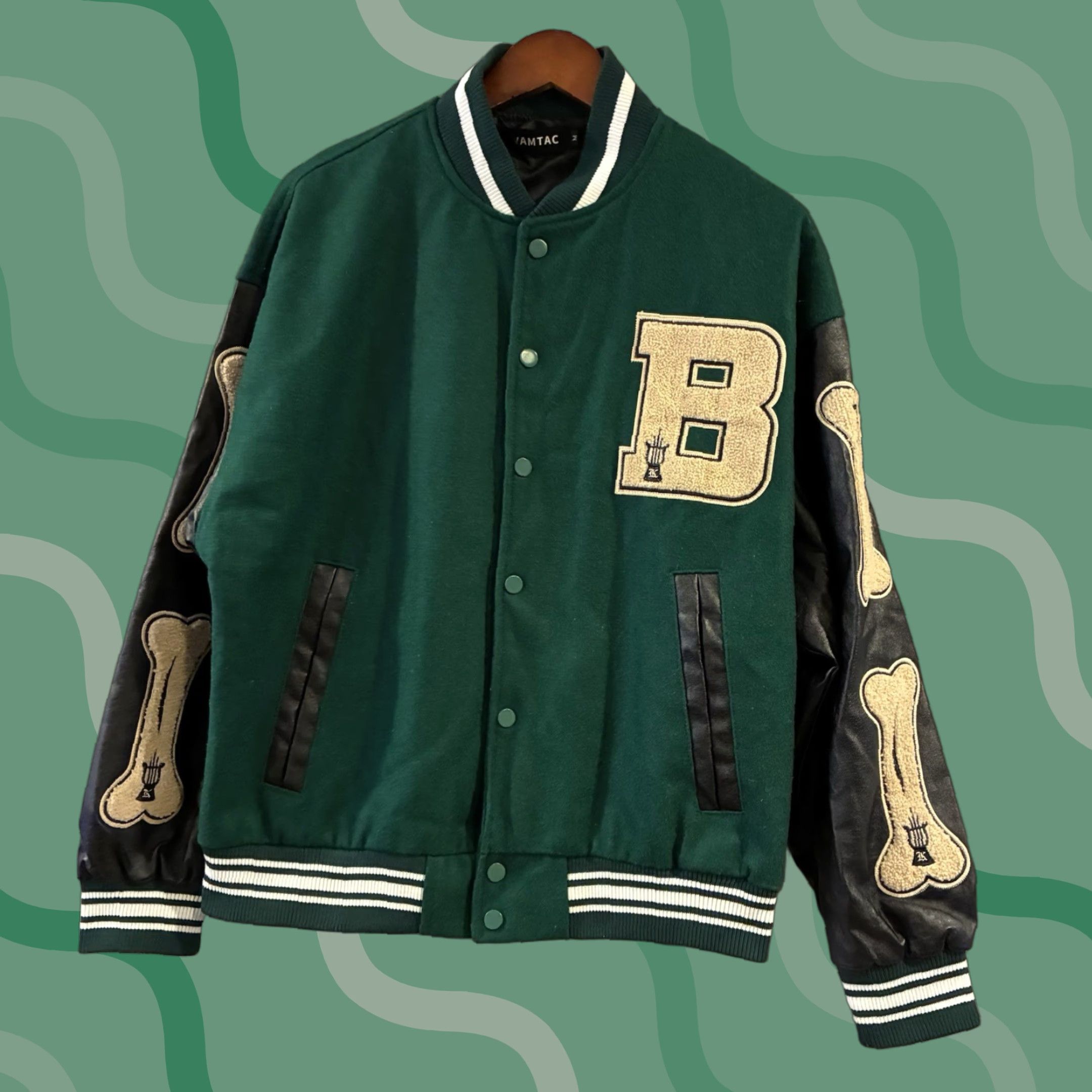 Varsity Jacket Adult Medium Green Bones Letterman Patches Vamtac Fashion Jacket Mens Casual Pockets