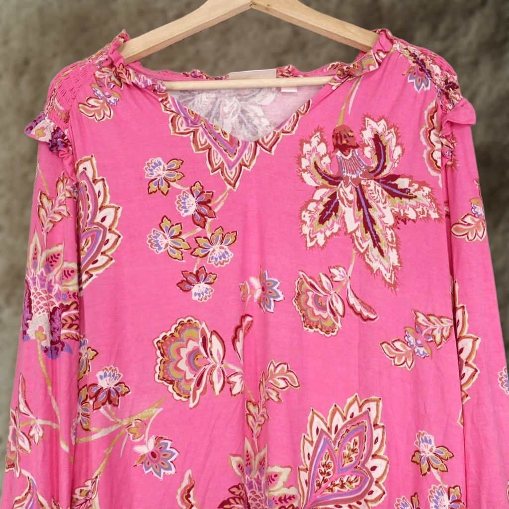 Vintage Belle by Kim Gravel Blouse Womens M Pink Floral V-Neck Balloon Sleeve Tunic Size M / US 6-8 / IT 42-44 - 1 Thumbnail