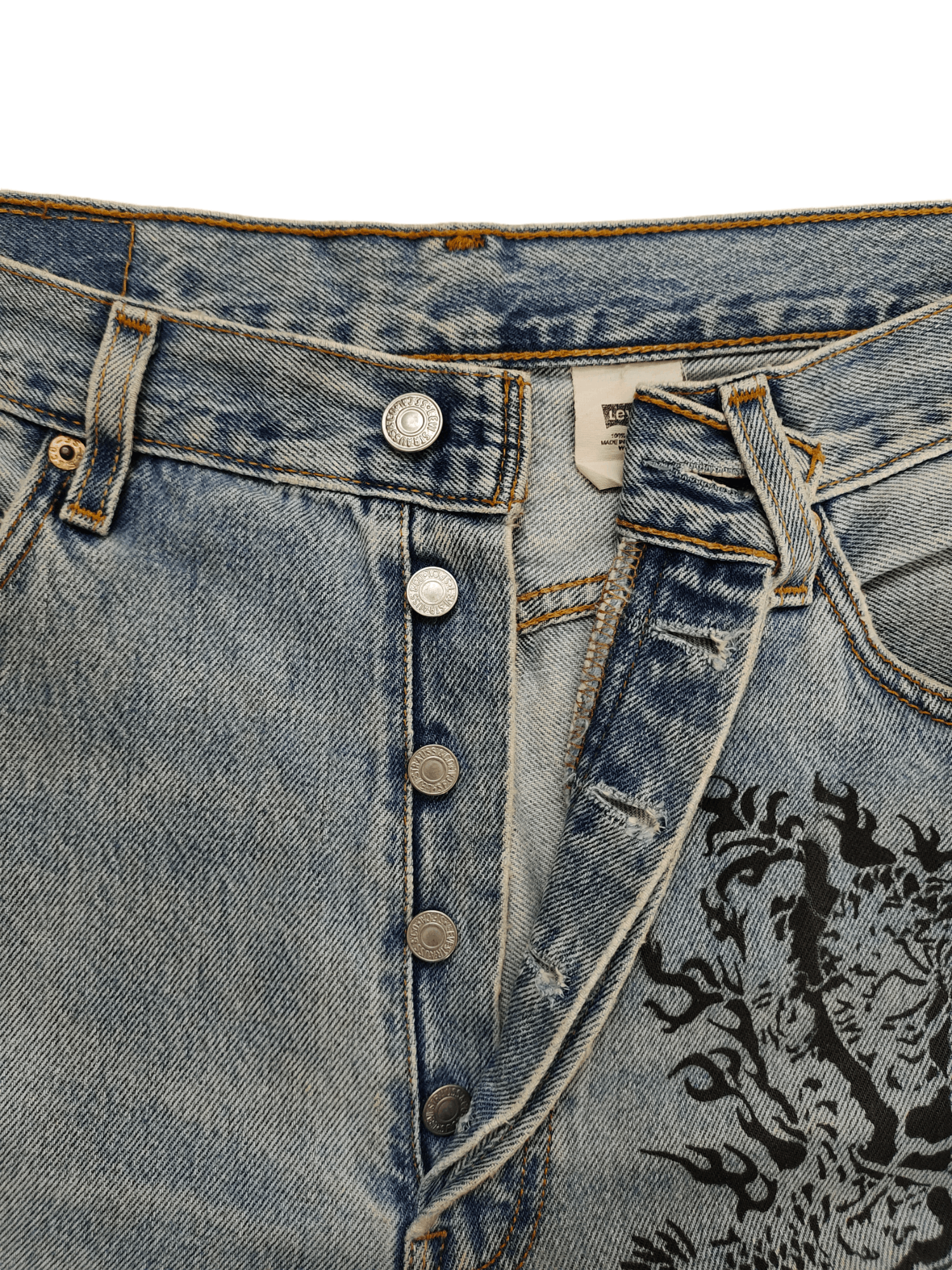 Levi's Vintage Levis 501 Japanese Script Dragon Print Distress Jean Size US 33 - 19 Thumbnail