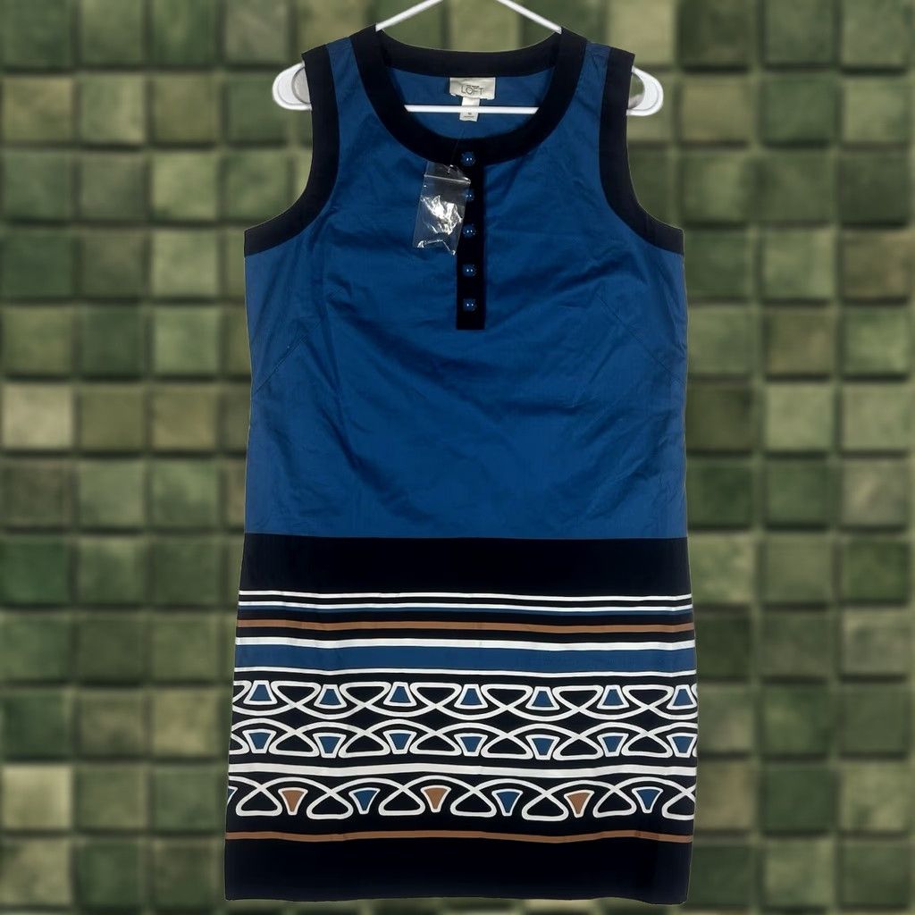 Loft Loft Mini Summer Dress Womens 10 Blue Geometric Button Up Casual Party NWT Size L / US 10 / IT 46 - 1 Thumbnail