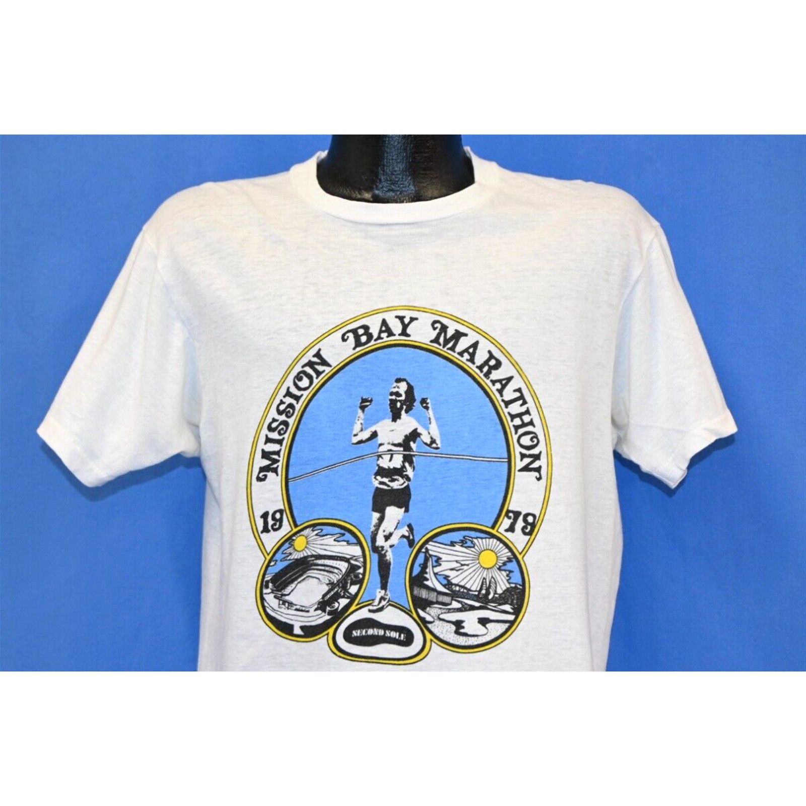 image of Vintage 70's Nike 15K Mission Bay Marathon San Diego Ca 1979 Race T-Shirt L in White (Size Large)