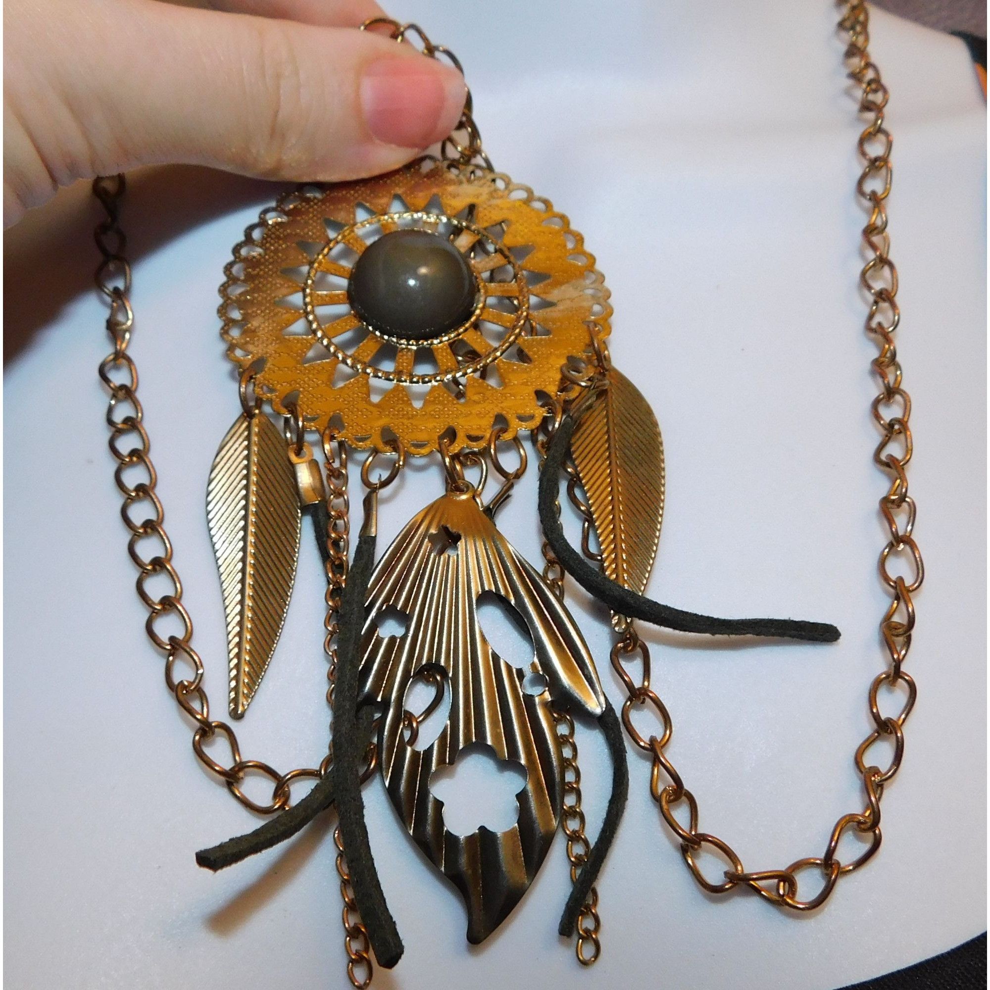 Other Bohemian Medallion Necklace Grey And Gold Tone With Fringe Size ONE SIZE - 3 Thumbnail