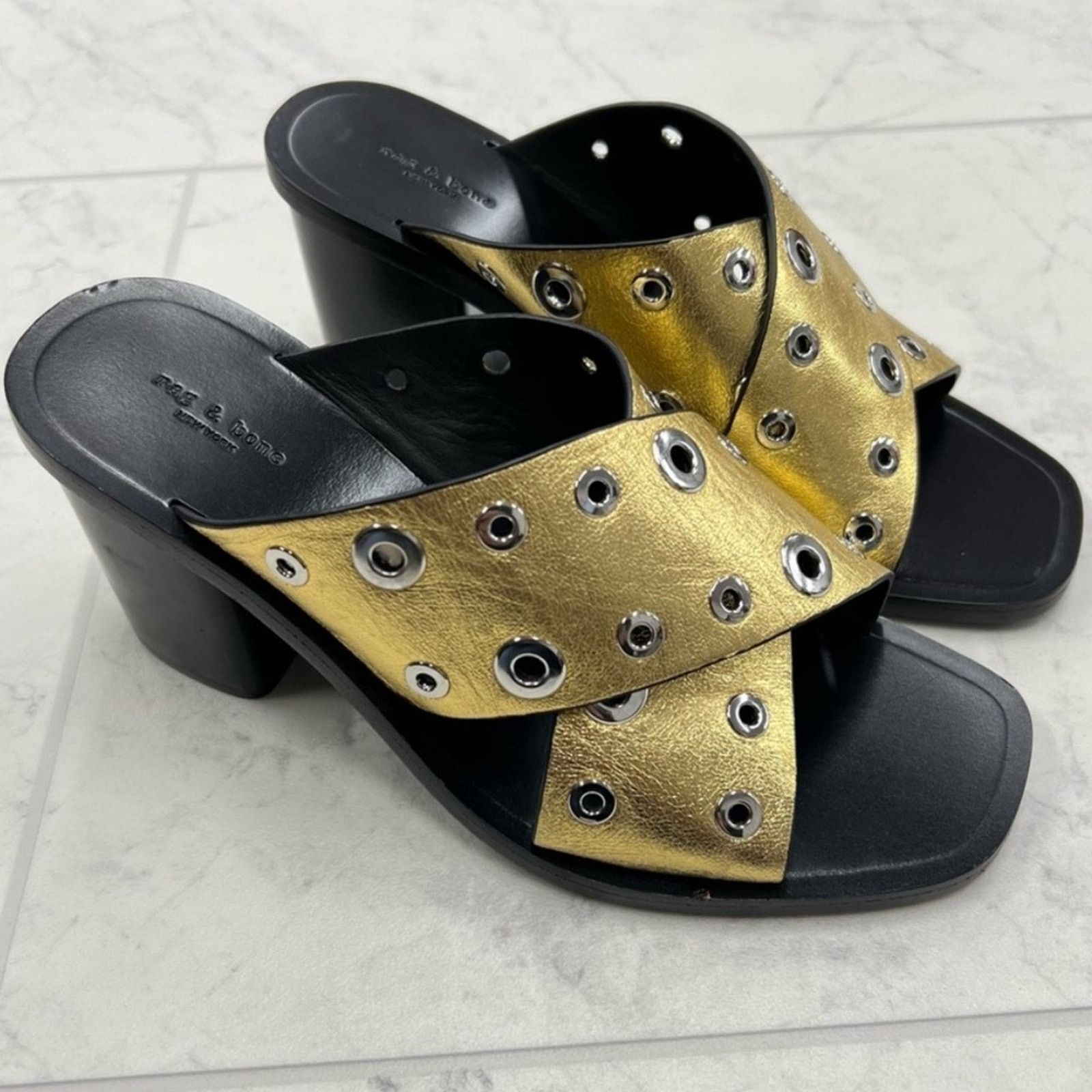 Rag & Bone NEW! Rag & Bone 7 Paige Grommet Gold Black Slide Sandal Heel Size US 7 / IT 37 - 12 Thumbnail
